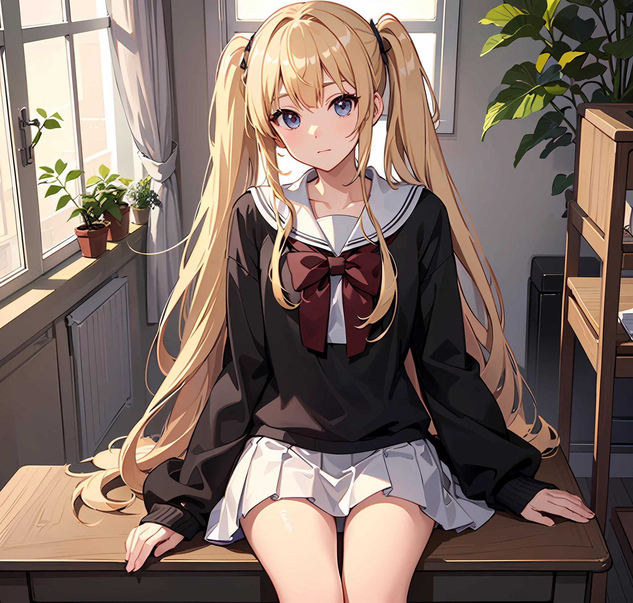 (extremely detailed CG unity 8k wallpaper,masterpiece, best quality, ultra-detailed),school classroom setting,sunlight filtering through trees,beautiful blonde high school girl with twintails and ahoge(D-cup),smartphone in hand,fidgeting with it,beautiful black-haired high school girl,thin and flat-chested, wearing sailor uniform,sitting on chair and having conversation with blonde girl who is sitting on desk,in the evening.