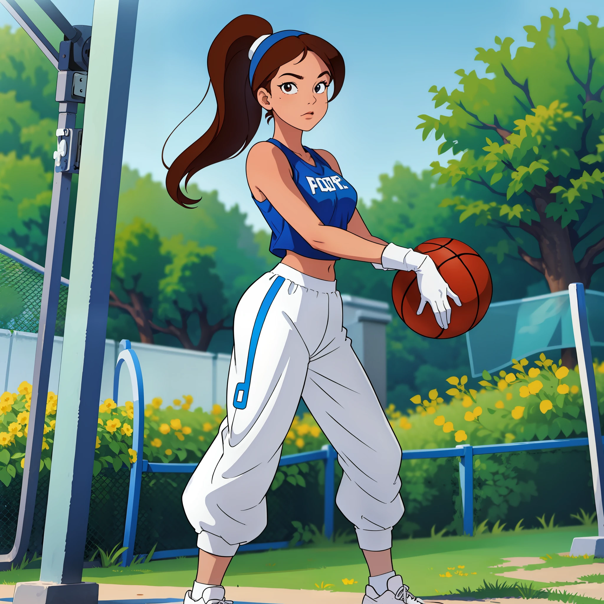 prompt:outdoors,Basketball Court,(masterpiece), top quality, best quality, official art,((masterpiece)), best quality,photorealistic,,fashionable,girl,full body,solo,Playing basketball, gloves, headband,Blue sweatpants, ponytail,pants,black gloves, long hair, Red basketball shirt,brown hair, midriff, jewelry, white socks, white footwear, rope,