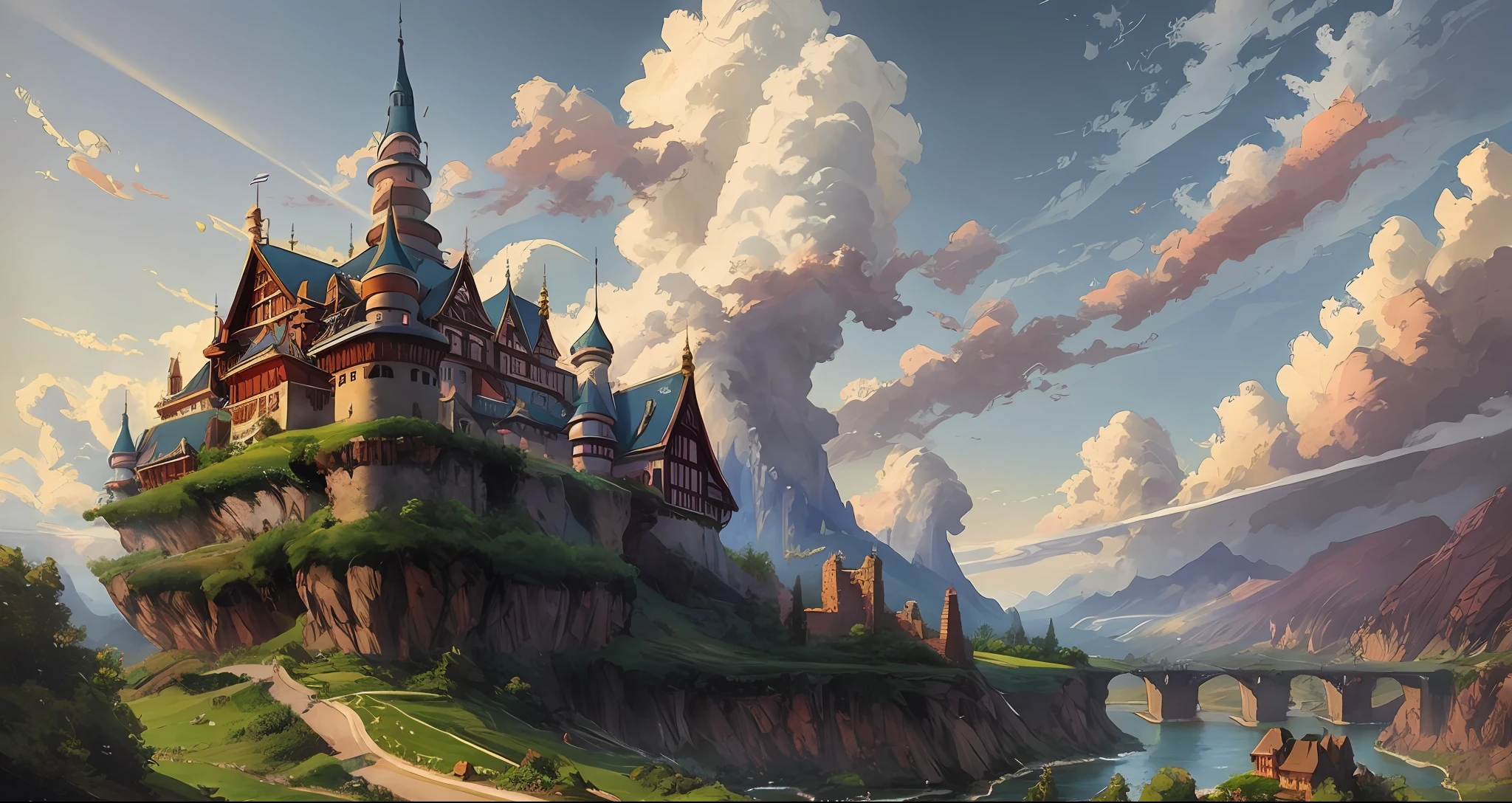 There is a painting of a castle on a hill overlooking a river, Flying Cloud Castle, Wlop and Rhads, Concept Art stunning atmosphere, Cloud Palace, Loish and Wlop, detailed 2D digital fantasy art, highly detailed concept art, pictorial concept art, castle in the Sky style, Andreas Rock style, stylized concept art, matte painting illustration, it should be in background size for pc