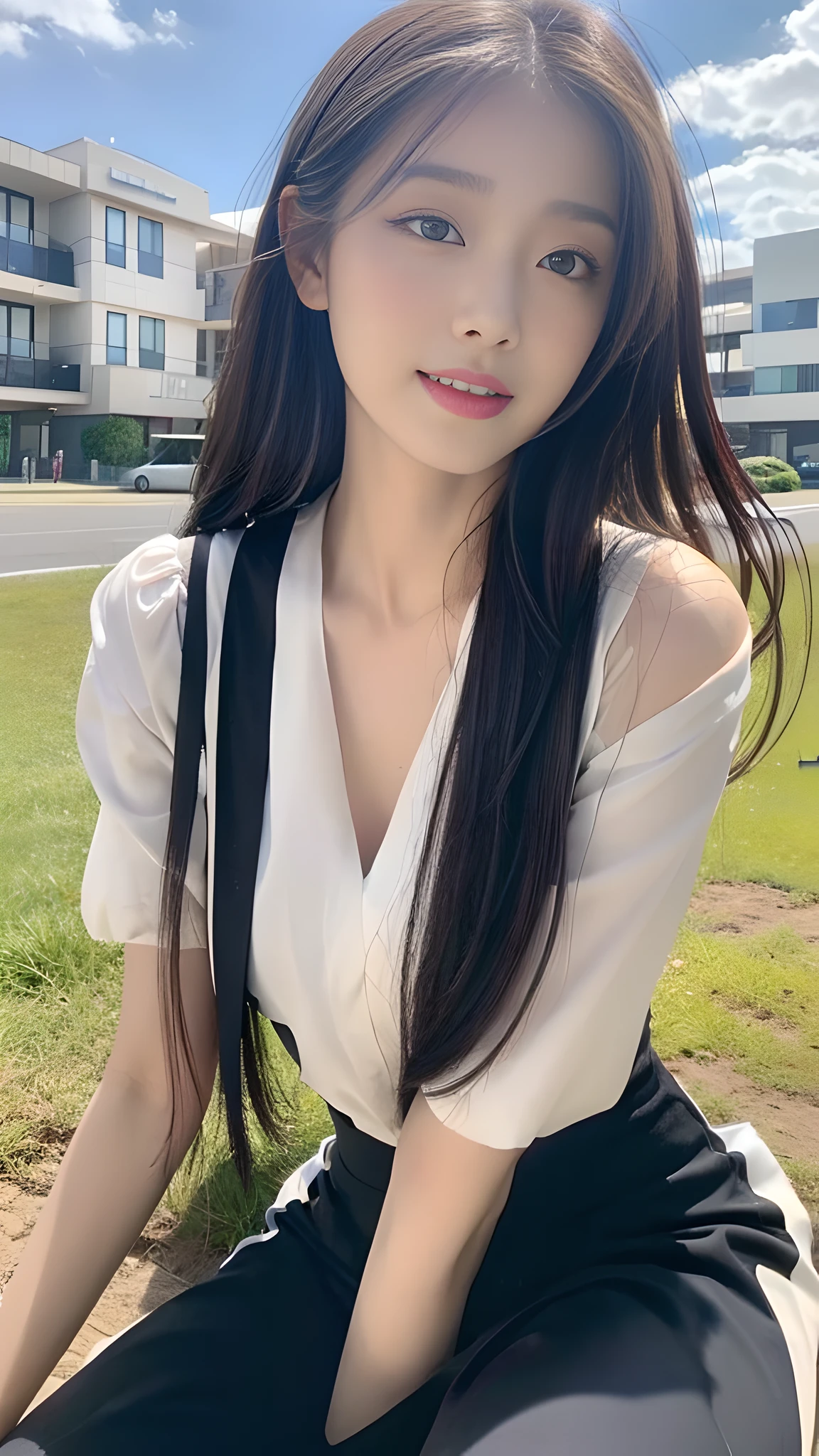 ((Best Quality, 8K, Masterpiece:1.3)), A beautiful girl, pure, melon face, gentle and cute, sweet smile, pure desire, thin figure, (frontal), (tilted head), looking directly at the camera, uniform, obi, formal, black silky long straight hair, long hair flowing over the shoulders, round black big eyes, clear big eyes, moist red lips, sweet, sitting on the side of the road, blue sky and white clouds, grass, buildings,