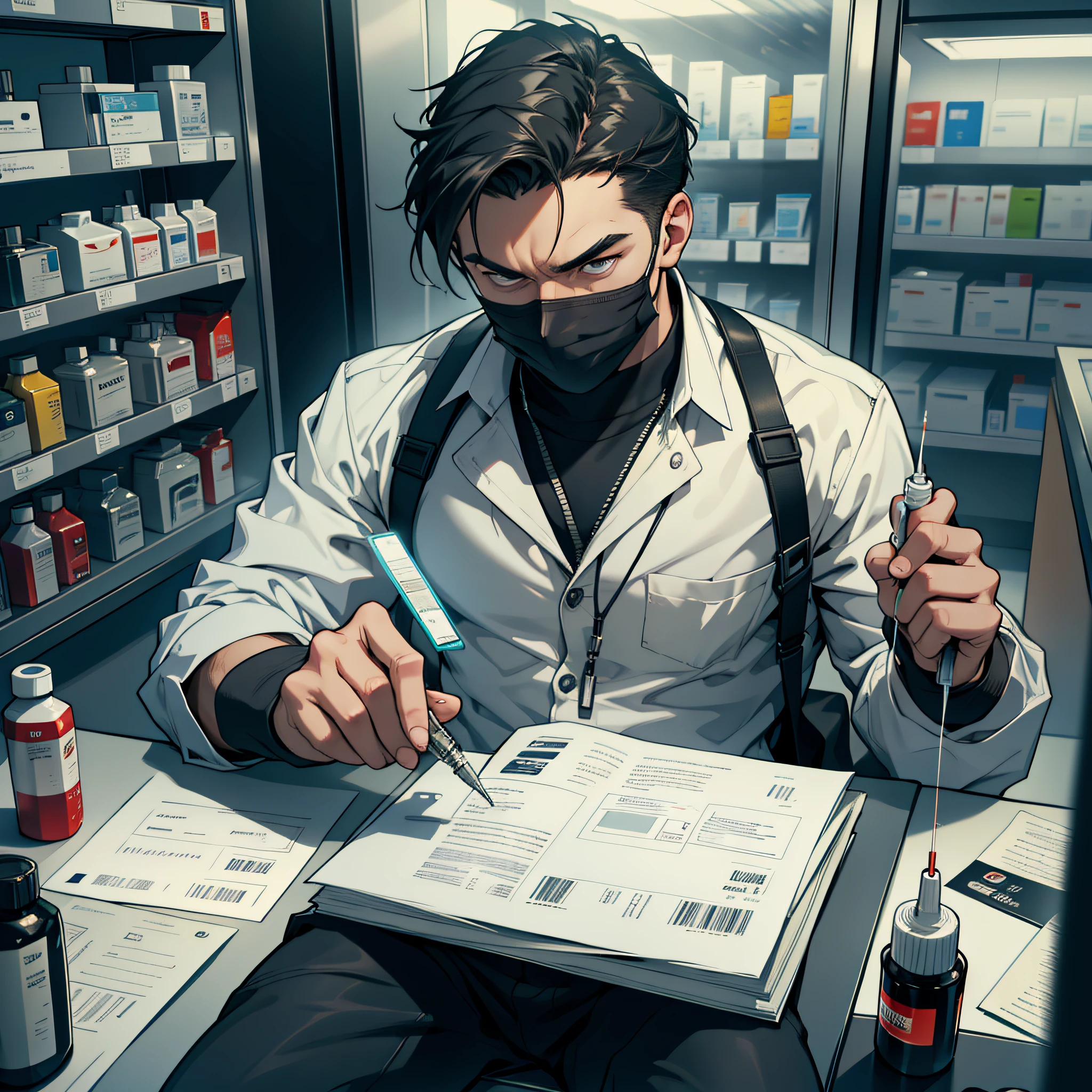 8K, ultra-definition, complex scenes, detailed portrayal, HD details, detail presentation, doomsday style, image of a man getting an injection in a pharmacy, man dressed in black, holding a needle in his hand, looking at the audience, sitting