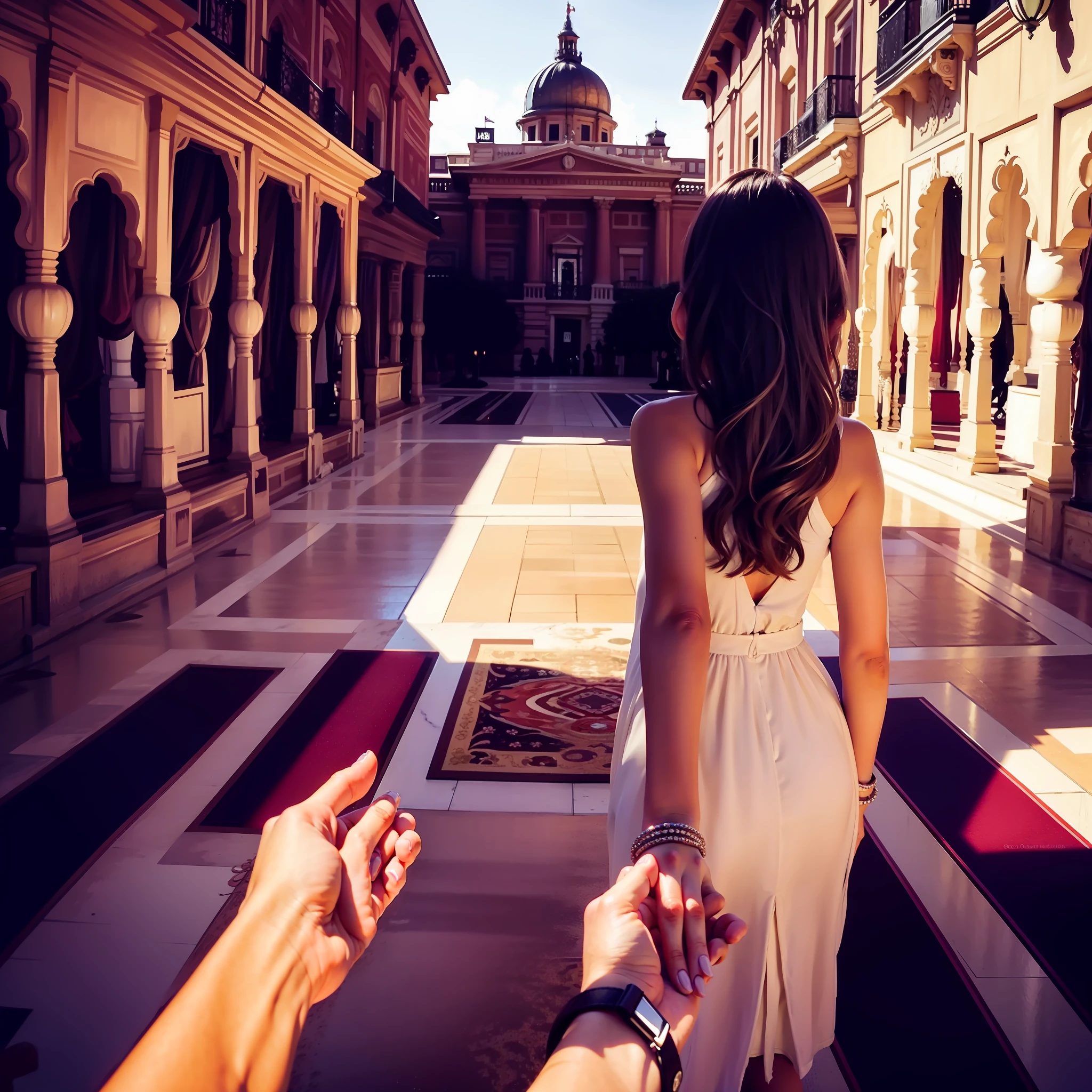 1girl, ultra detailed, hi-res, masterpiece,turn around,
by_style, bf_holding_hands, one girl walks through the palace, holding hands with the viewer,