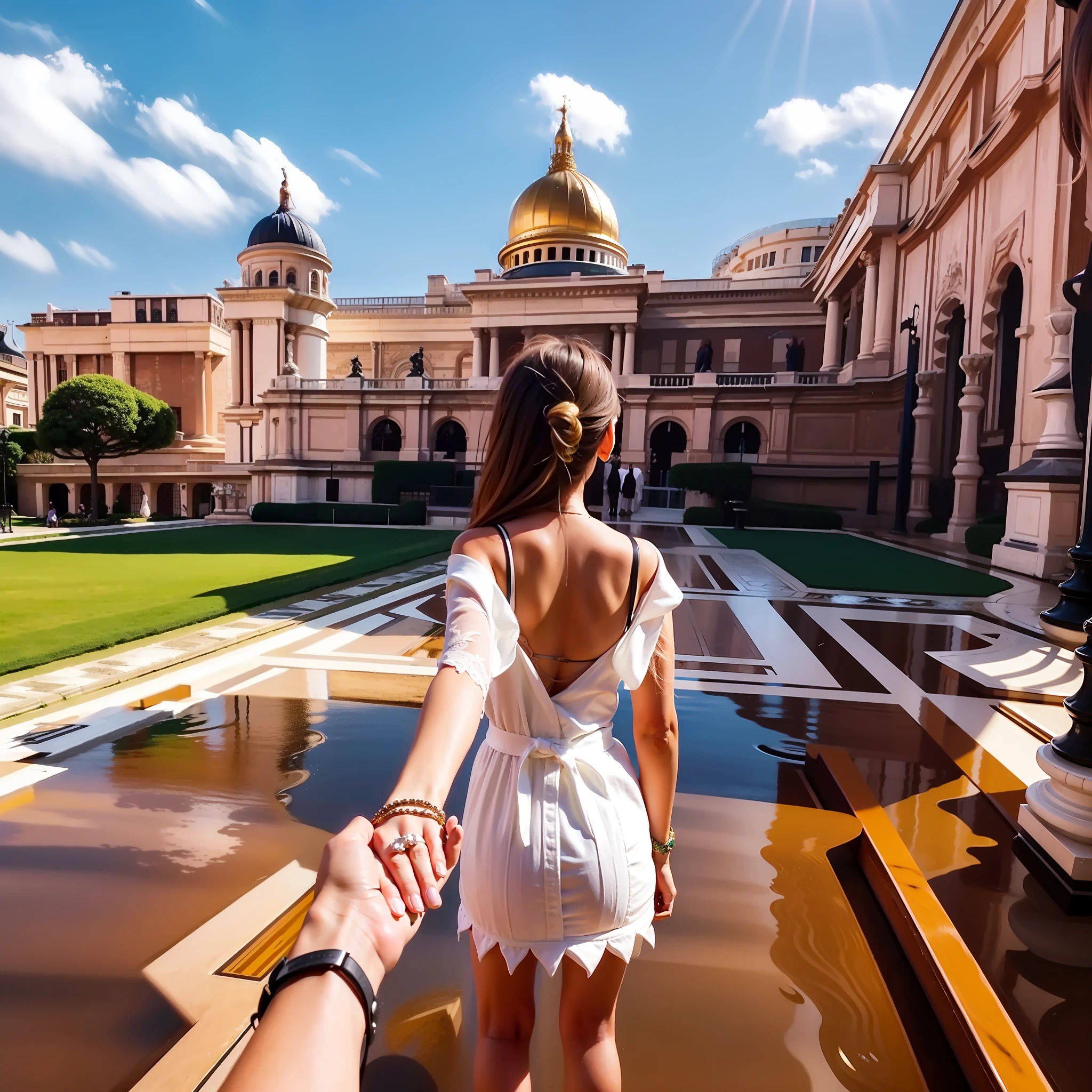 1girl, ultra detailed, hi-res, masterpiece,turn around,
by_style, bf_holding_hands, one girl walks through the palace, holding hands with the viewer,