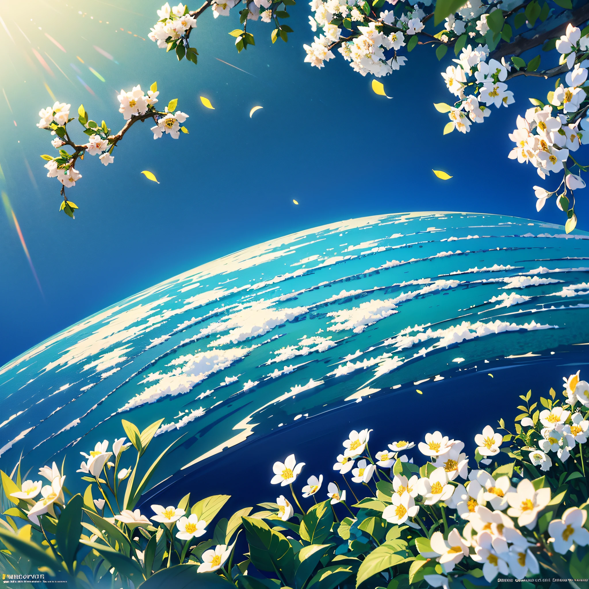 Masterpiece, best quality, (very detailed CG Unity 8k wallpaper) (best quality), (best illustration), (best shadow), natural landscape, blue sea, delicate leaves of various colors falling in air light tracking, small white flowers, super detailed