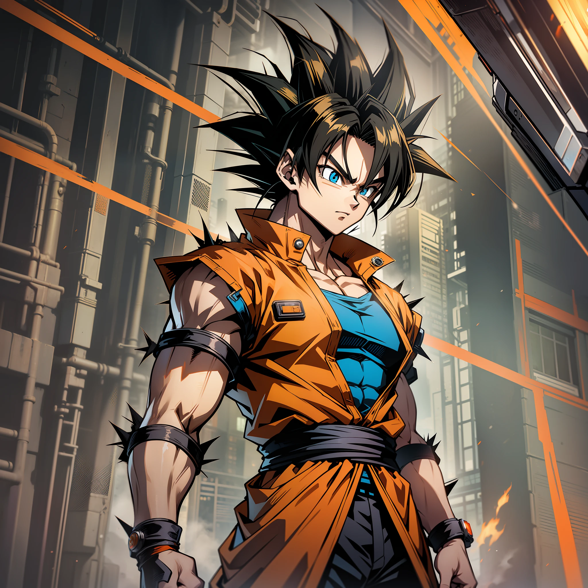 (masterpiece), best quality, ultra-detailed, Goku de Dragon Ball Z with spiky black hair, wearing orange clothing, cyberpunk style.