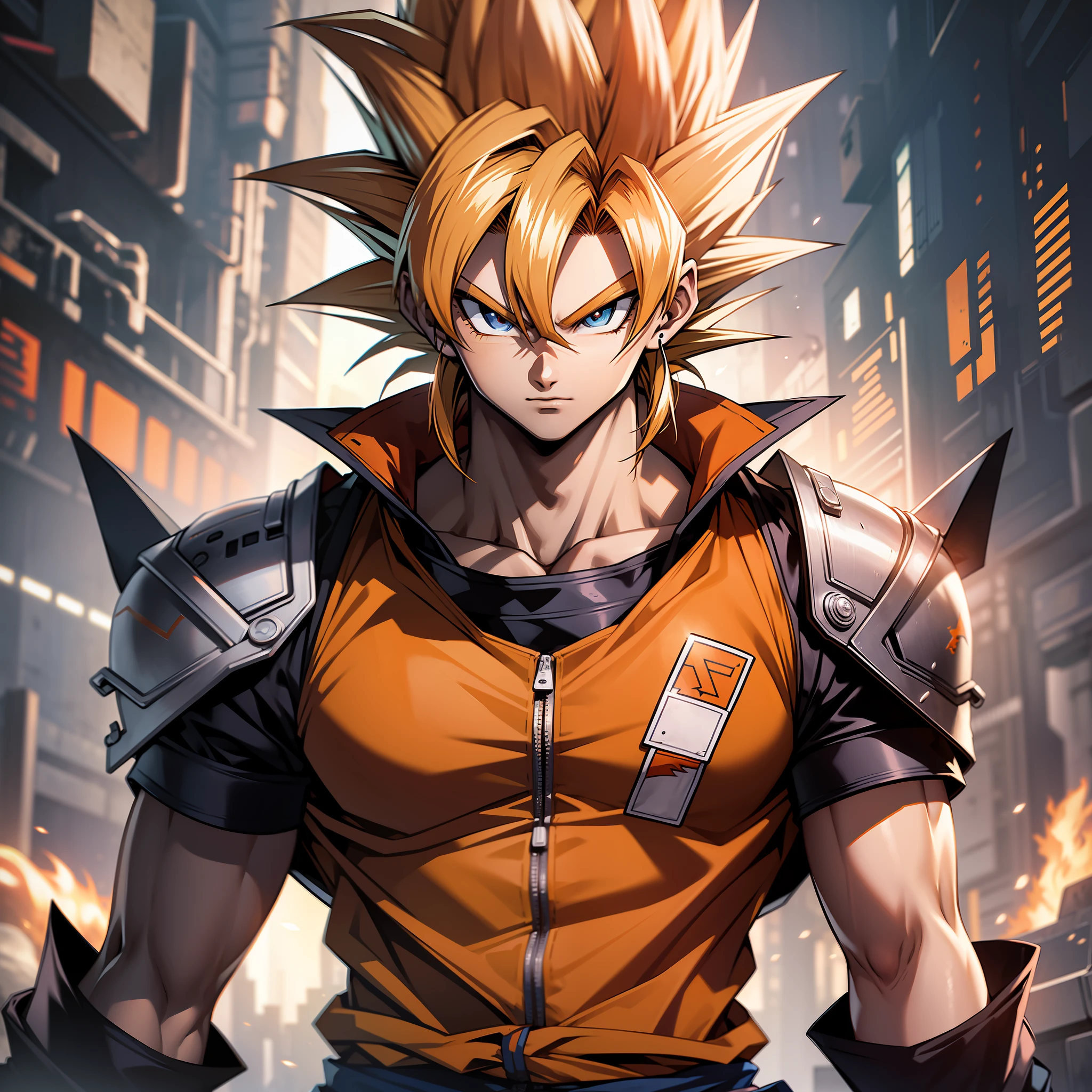 (masterpiece), best quality, ultra-detailed, Goku from Dragon Ball Z, wearing orange clothes, cyberpunk style.