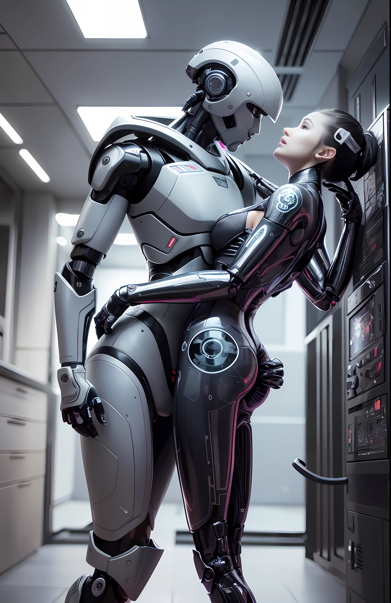 A 25 year old realistic real man in jacket clothes and a female robot passionately lingering hugging and kissing, complex 3d rendering very detailed beautiful ceramic silhouette female robot face, robot, robot parts, 150mm, beautiful studio soft light, edge light, vibrant details, luxurious cyberpunk, lace, surrealism, anatomy, facial muscles, cable wire, microchip, elegant, beautiful background, octane rendering, HR Giger style, 8k, best quality, masterpiece, illustration, very refined and beautiful, very detailed, CG, unified, wallpaper, (realism, realism: 1.37), amazing, fine detail, masterpiece, best quality, full body,
