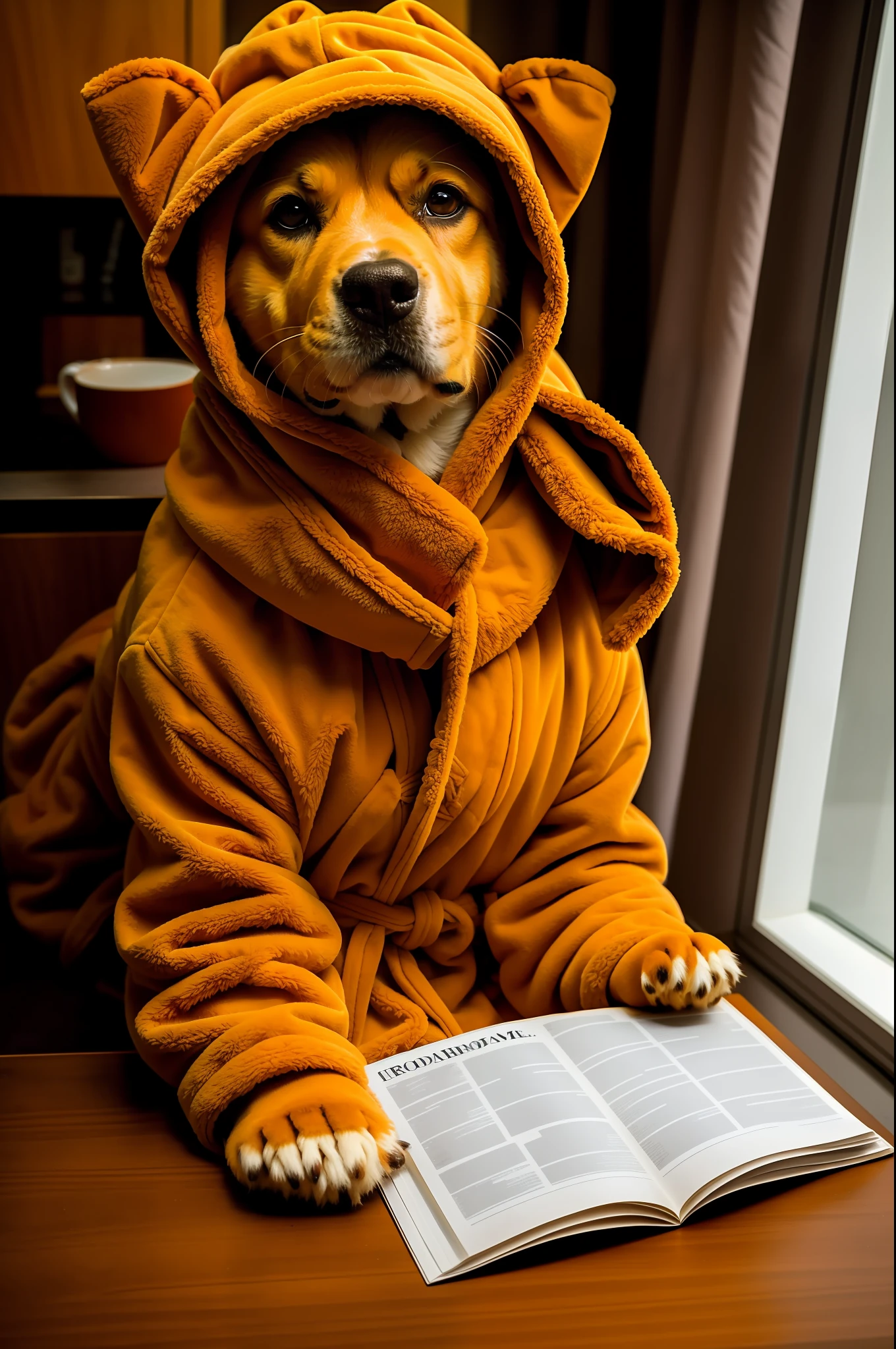 Dog chow chow caramel anthropomorphic, in bathrobe, having breakfast and reading the newspaper, lightroom, cinematic, hdr, raw, intricate, high quality, soft tones, intricate details, low contrast