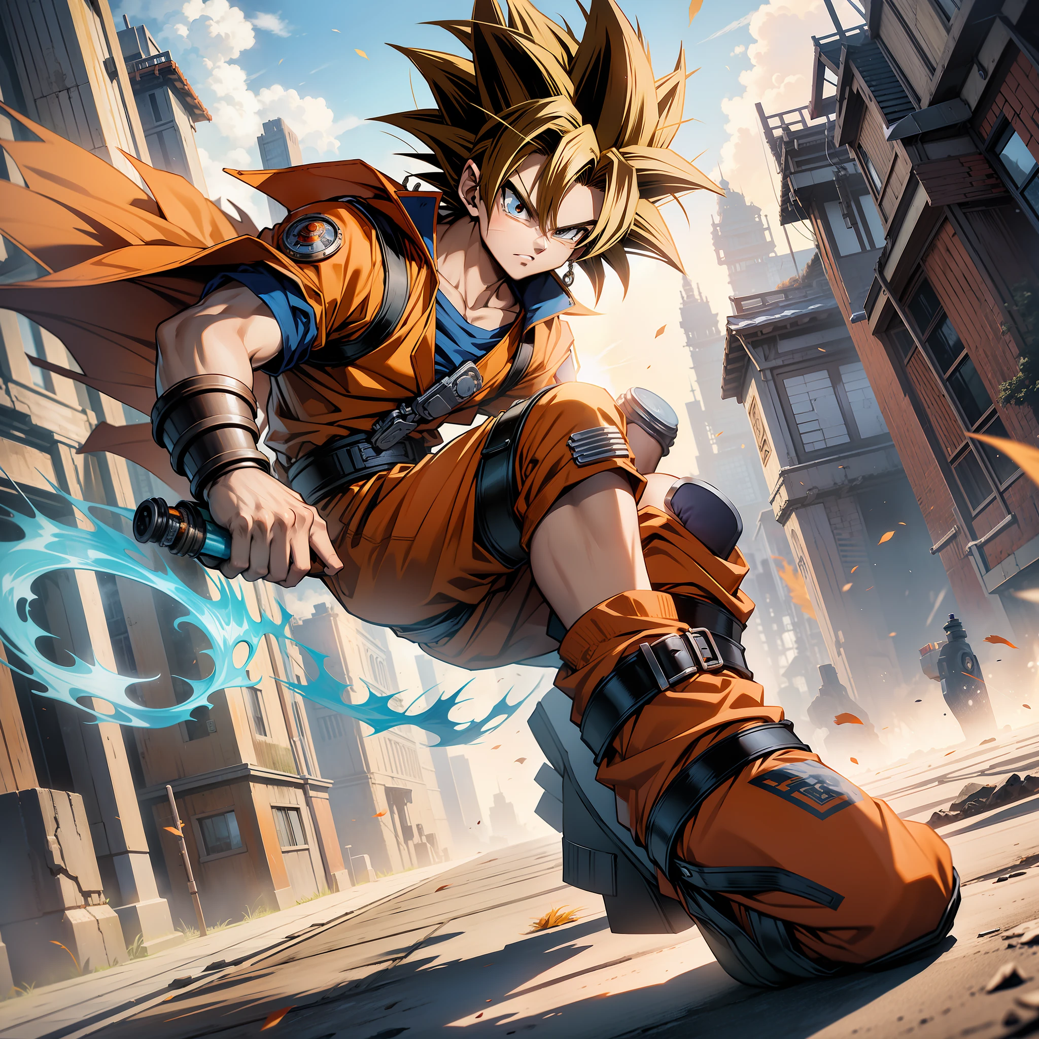 (masterpiece), best quality, ultra-detailed, Goku from Dragon Ball Z, solo, wearing orange clothes, steampunk style.