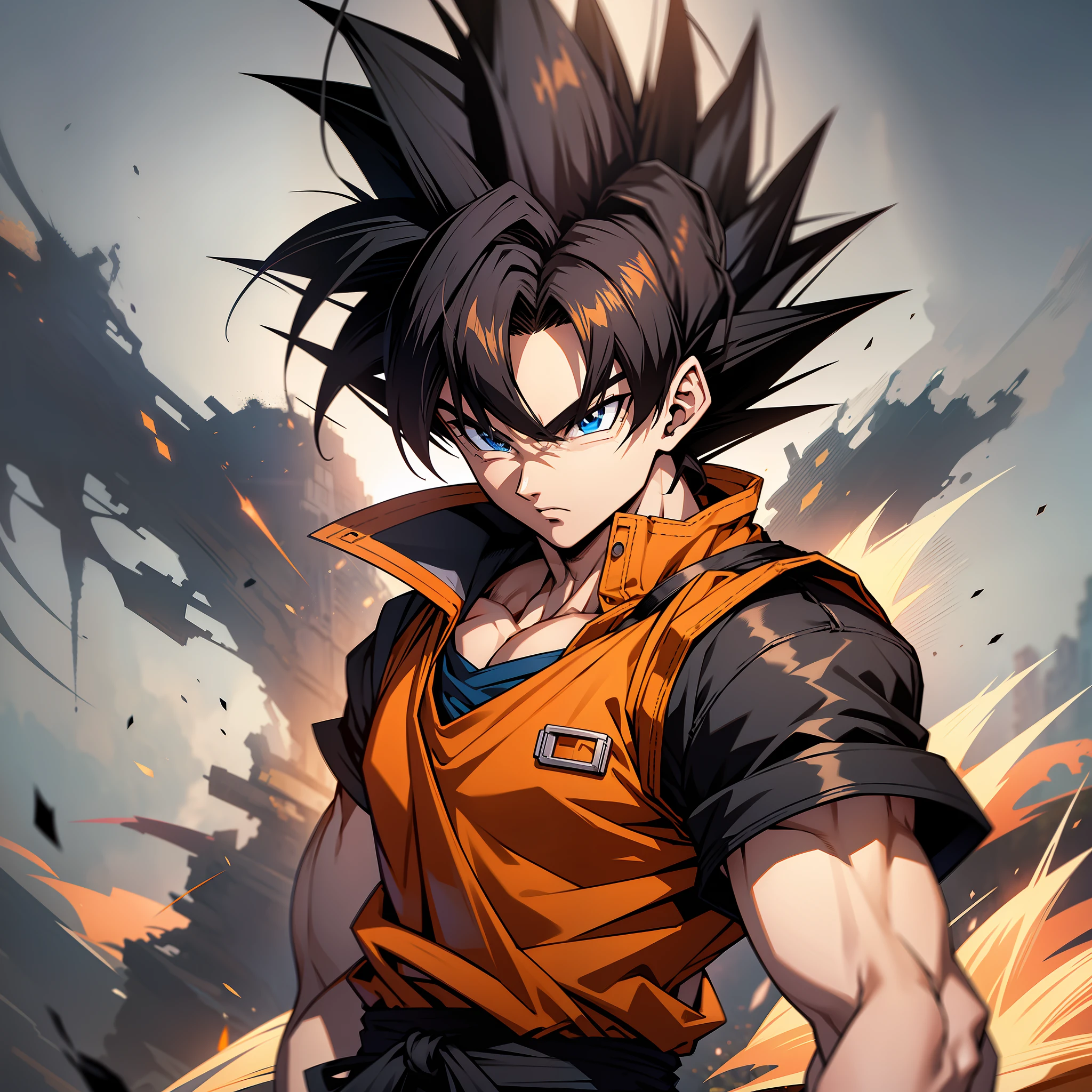 (masterpiece), best quality, ultra-detailed, Goku from Dragon Ball Z with spiky black hair, wearing orange clothes, Retro style.