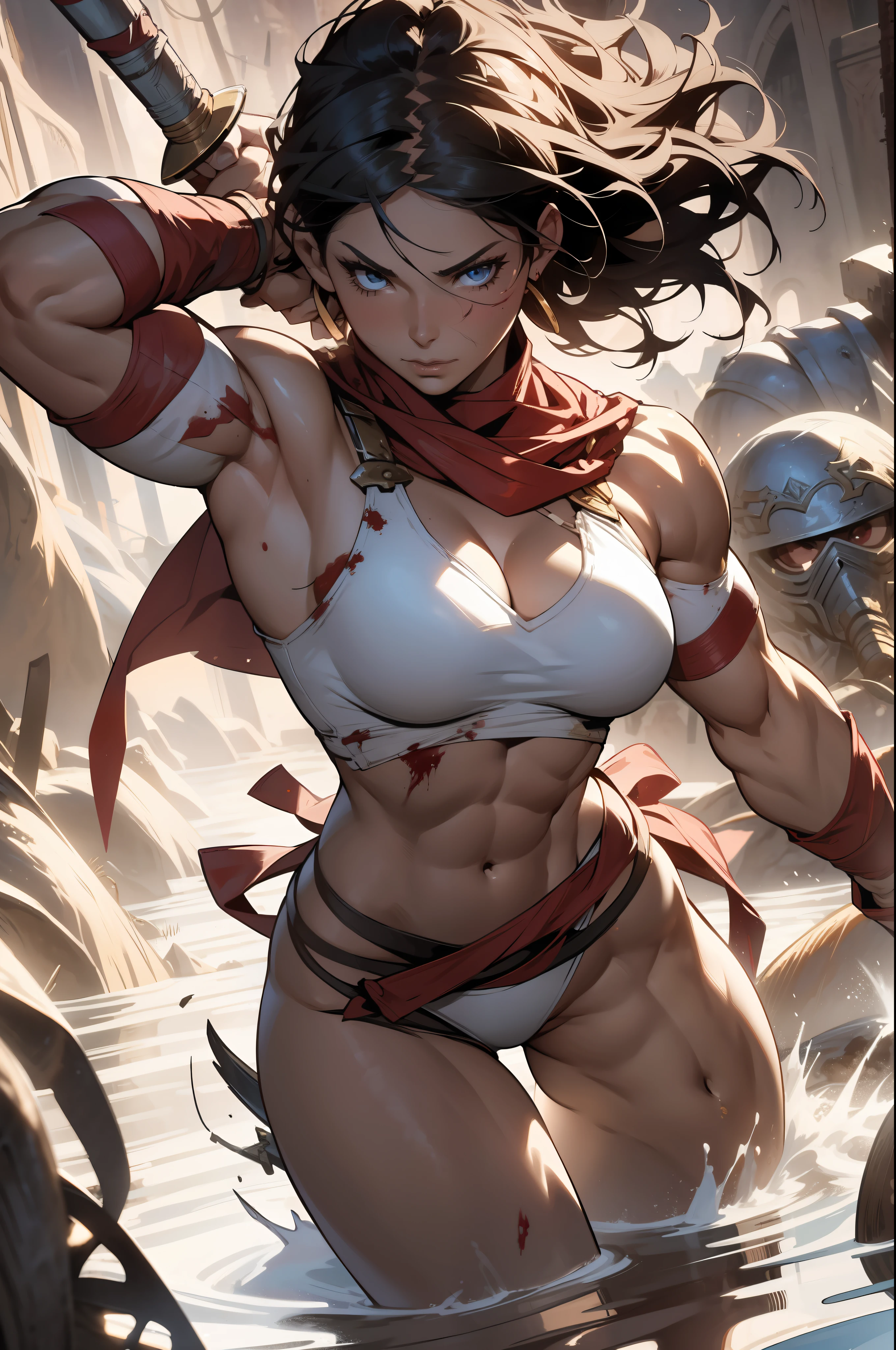 Beautiful full-body woman, 30 years old, muscular and perfect body, barbarian warrior with little clothing, tiny thong, large breasts, generous neckline, holding a blood-stained sword, brave face, dark kingdom, sexy pose, walking in a dirty water