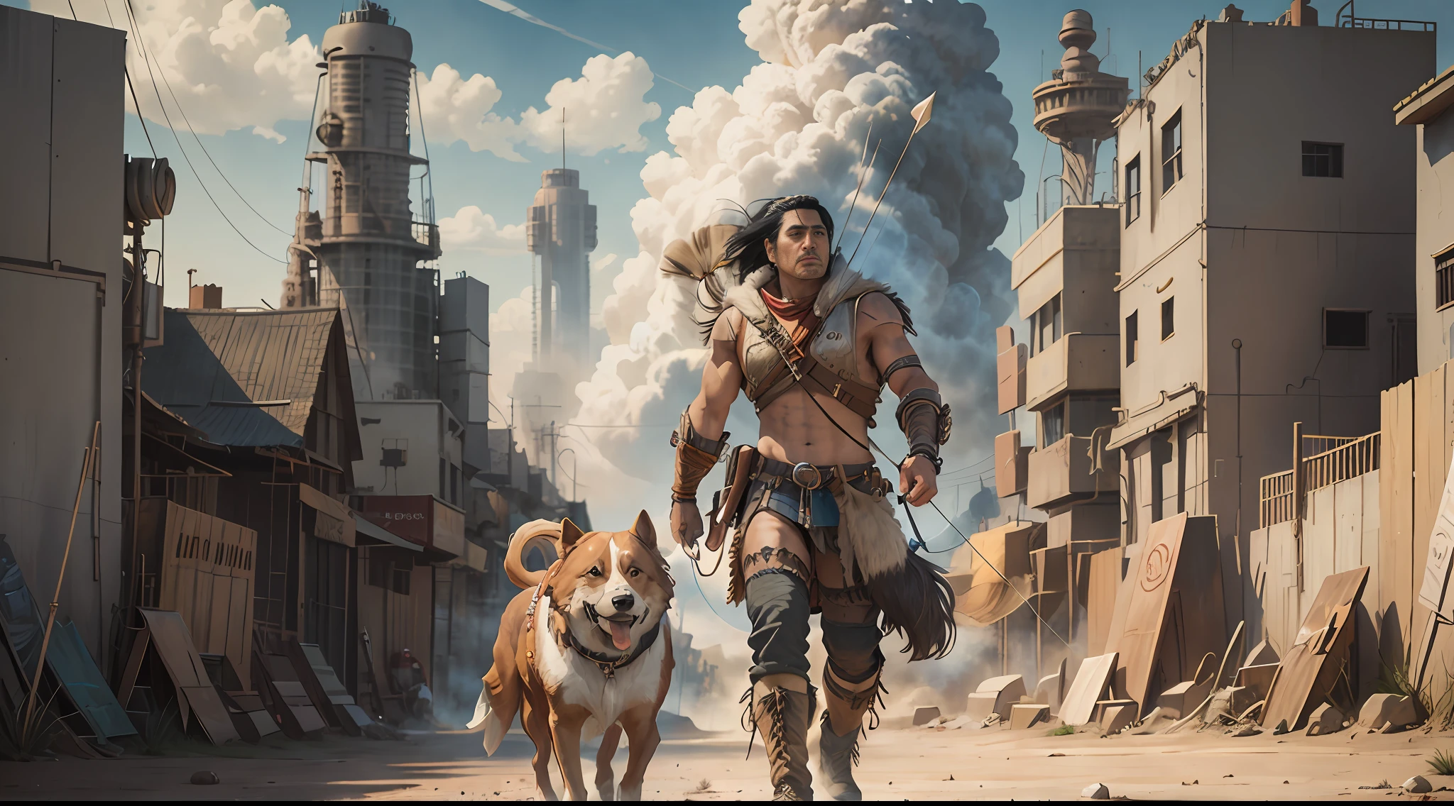 Native American man,in the Mad Max universe,in dystopian future with scorching sun, with bow and arrow slung over his shoulders,sounding s oozing in the face, a dog next to cybernetic metal,