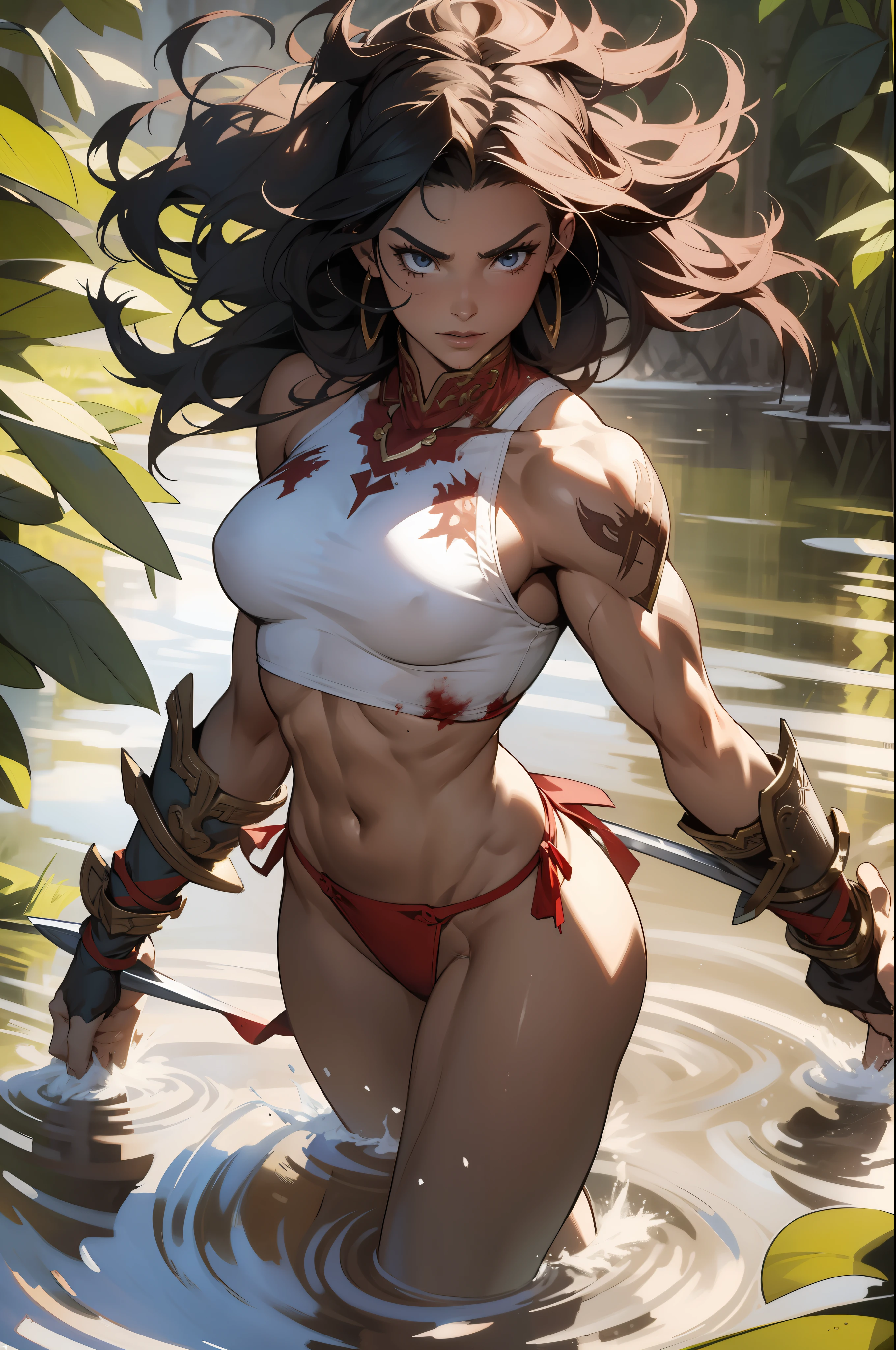 Beautiful full-body woman, 30 years old, muscular and perfect body, barbarian warrior with little clothing, tiny thong, large breasts, generous neckline, holding a blood-stained sword, brave face, dark kingdom, sexy pose, walking in a dirty water