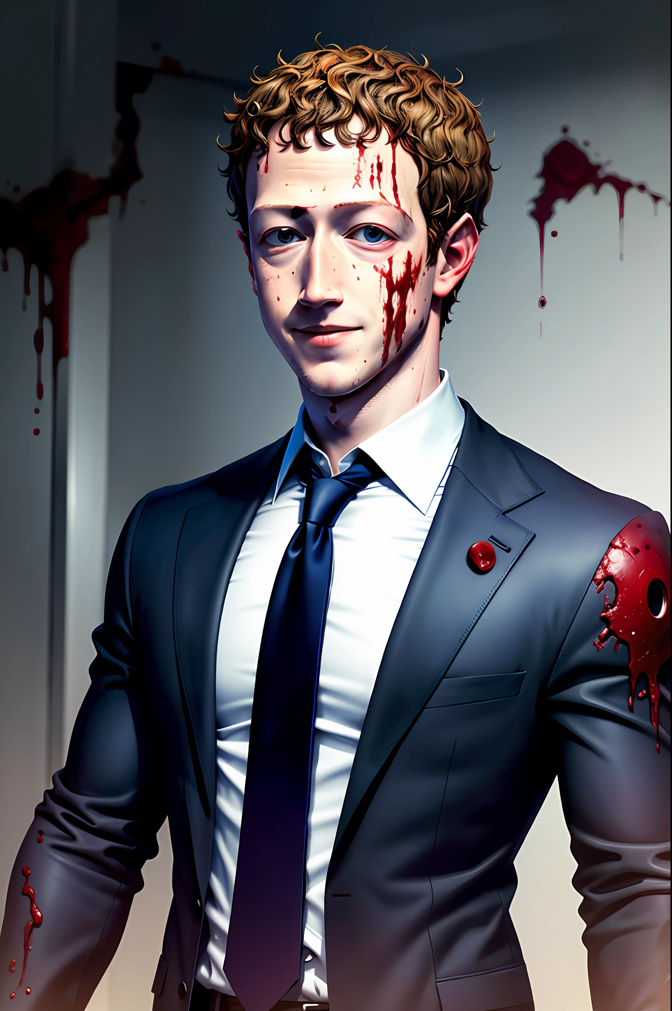Image Mark Zuckerberg evil, in a suit, bloody, smile on his face and blood on the parts of his clothing