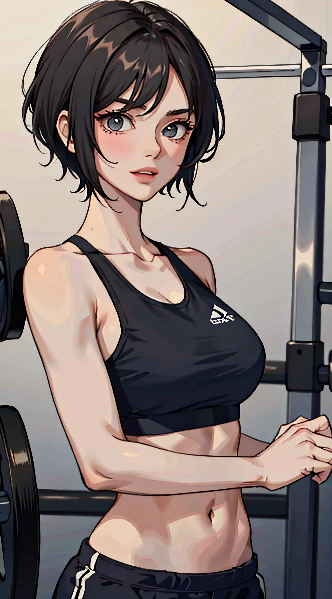 (Masterpiece: 1.2, highest quality), (1 female, upper body: 1.2), Hair: Short hair in two colors, Clothing: sports bra, training gym, facing front,