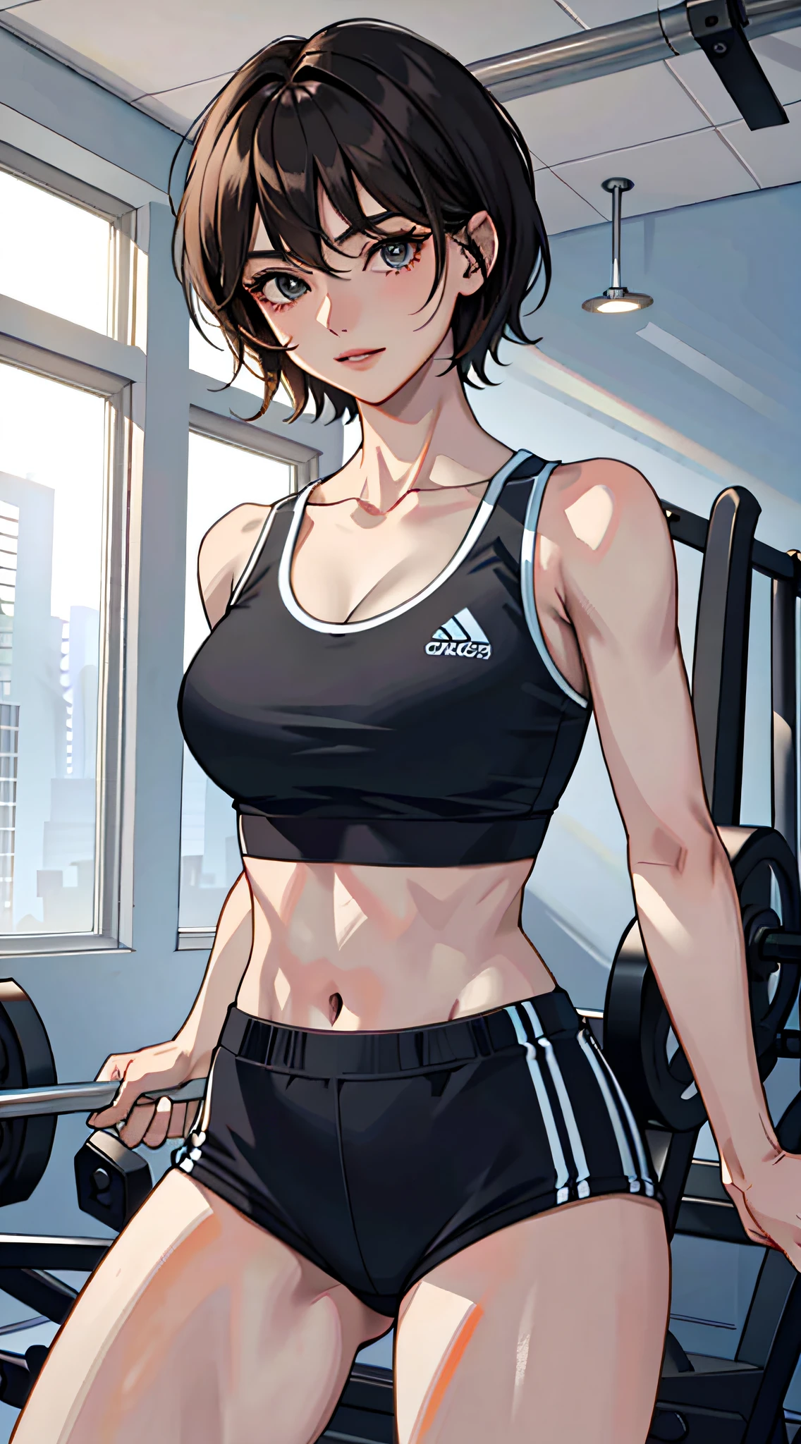 (Masterpiece: 1.2, highest quality), (1 female, upper body: 1.2), Hair: Short hair in two colors, Clothing: sports bra, training gym, facing front,