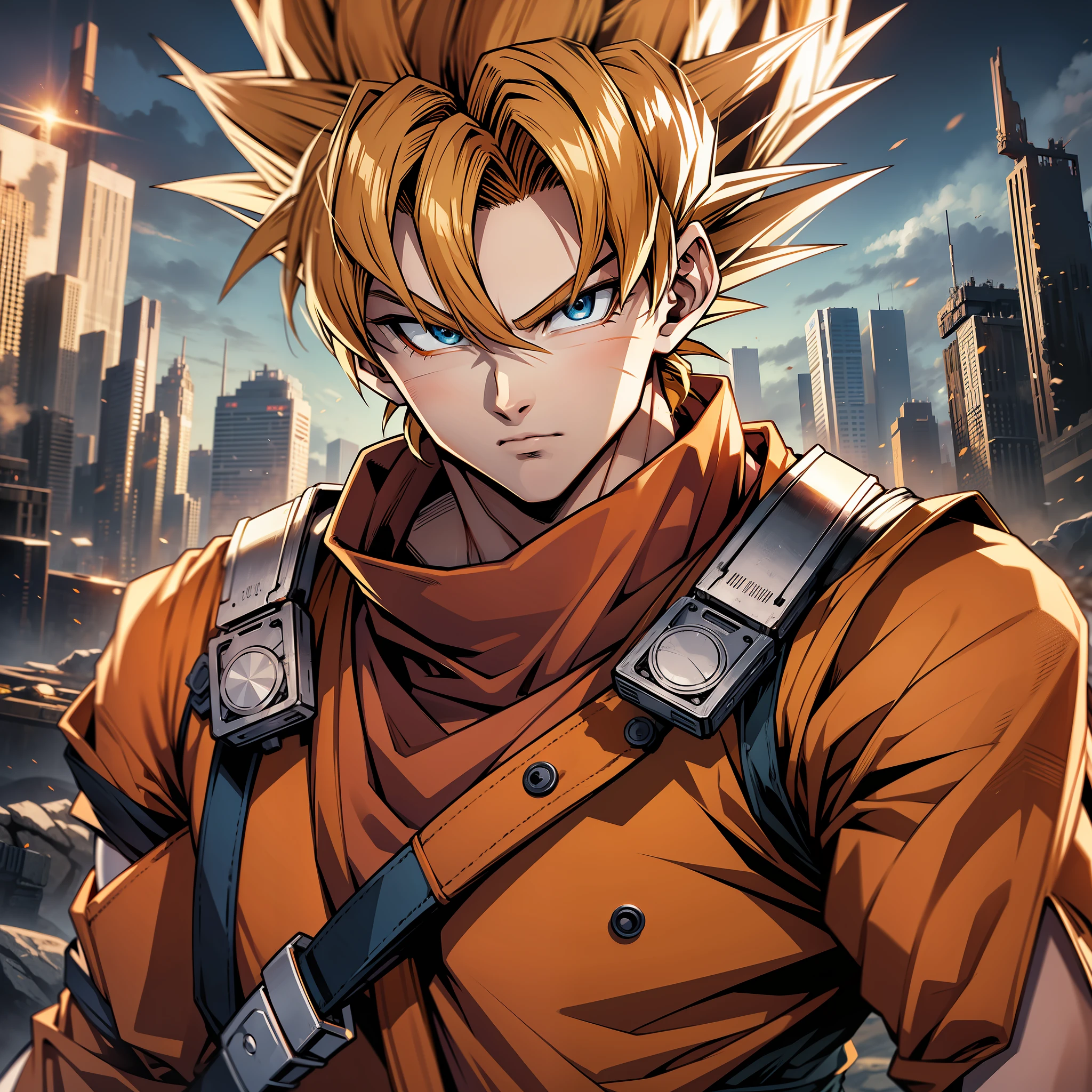 (masterpiece), best quality, ultra-detailed, Goku from Dragon Ball Z, solo, portrait, wearing orange clothes, post-apocalyptic science fiction style.