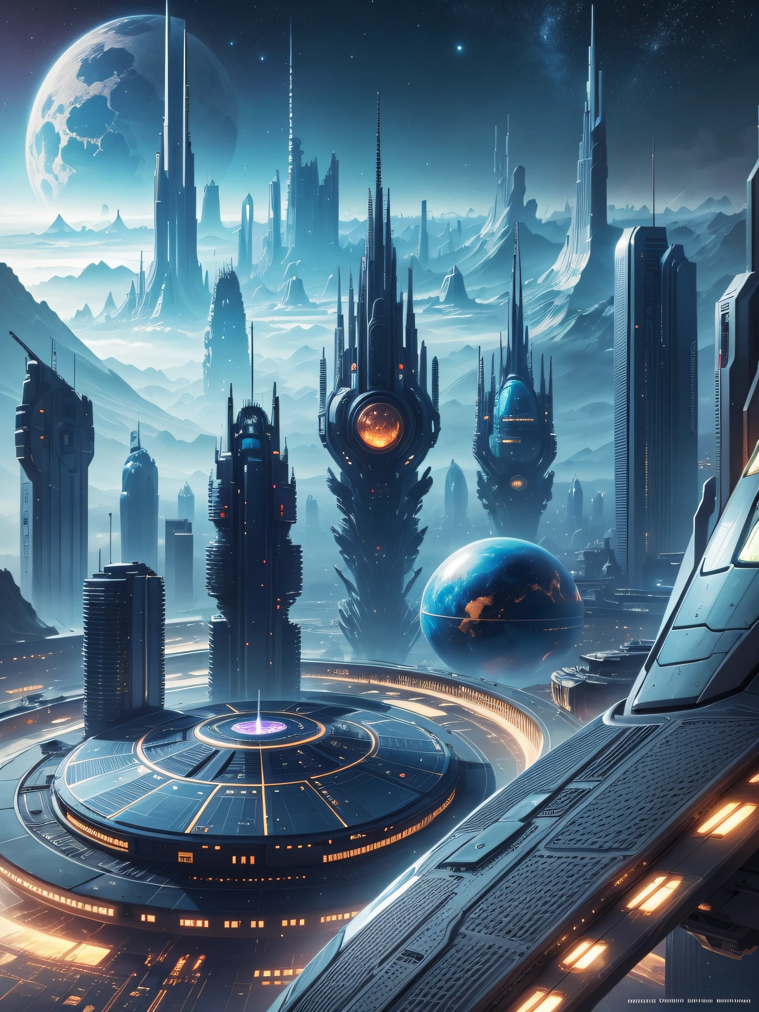futuristic city, 24th century, spaceship, space colony, futuristic society