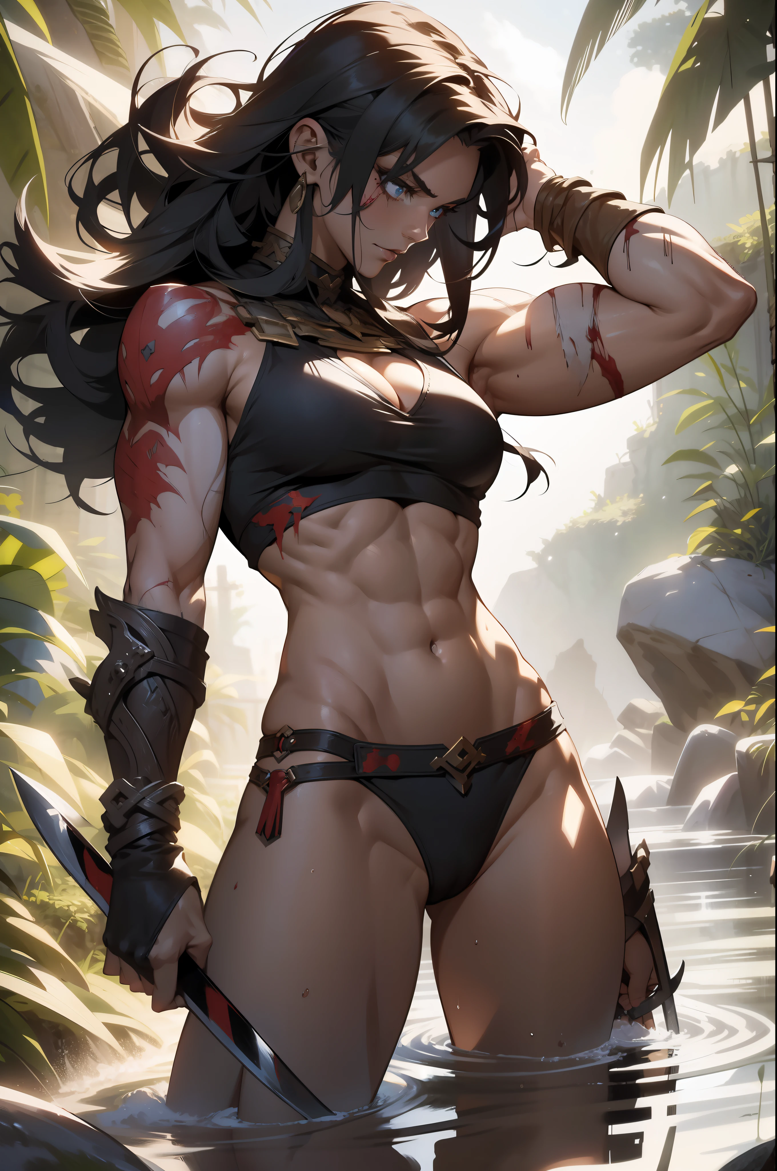 Beautiful full-body woman, 30 years old, muscular and perfect body, barbarian warrior with little clothing, tiny thong, large breasts, generous neckline, holding a blood-stained sword, brave face, dark kingdom, sexy pose, walking in a dirty water