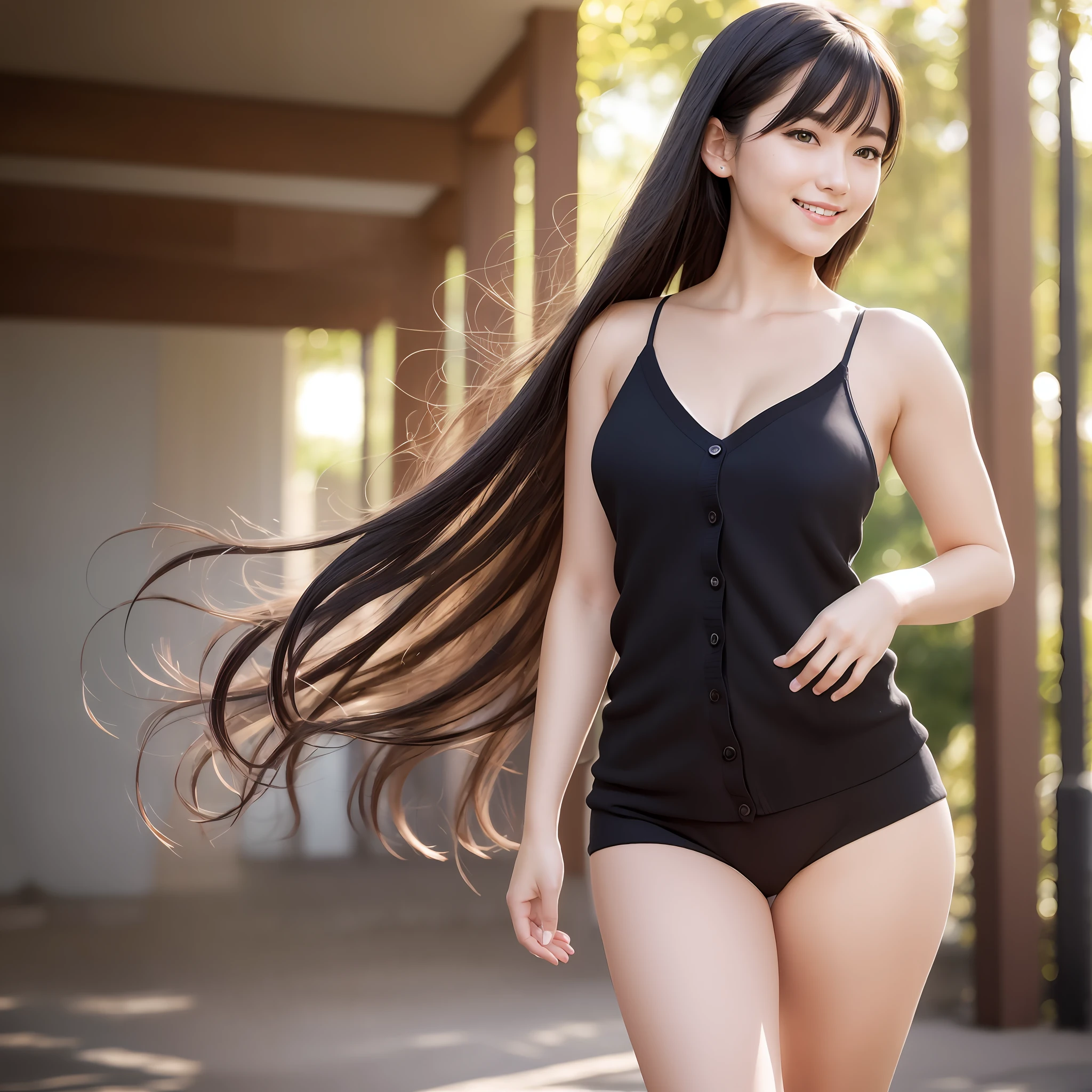 Full body, super smile, (highly detailed CG unity 8k wallpaper), (masterpiece), (best quality), (super detailed), (best shadow), (photorealistic: 1.4), (PureErosFace_V1:0.2), real human skin, lens flare, shade, backlight, depth of field, natural light, hard focus, film grain, girl one, highest quality, ultra high resolution, ( Photorealistic: 1.4), (Detailed Eyes: 1.4), profile, seductive smile, very happy,cute,show hips,show navel,solo focus,full body,big,black short twin tail hair,look at viewer,face forward,close-up,cowboy shot,depth of field,photo with blurred background,Lea V-neck cardigan, shorts, 22 years old, Solo, fair skin, full body