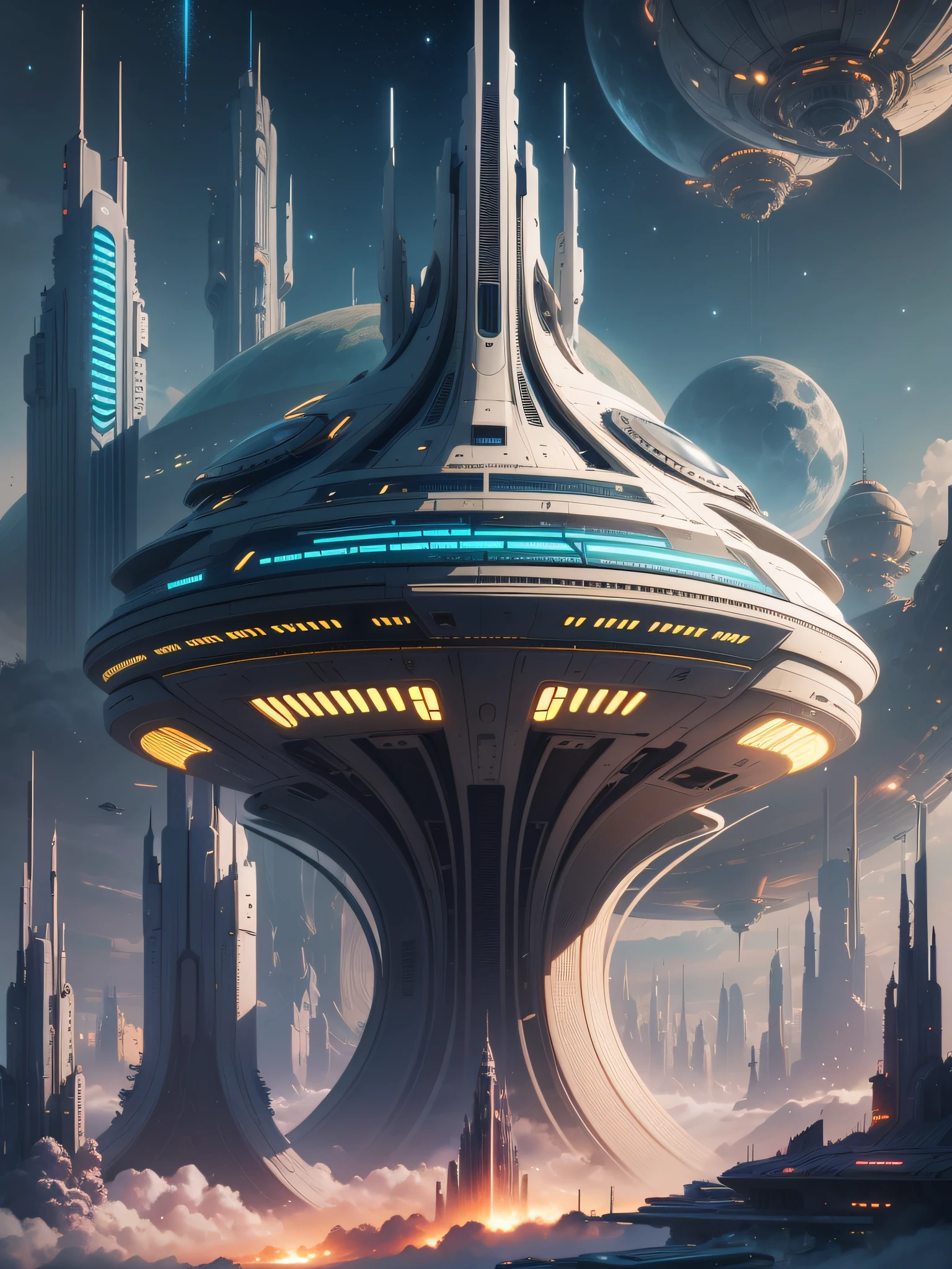 futuristic city, 24th century, spaceship, space colony, futuristic society