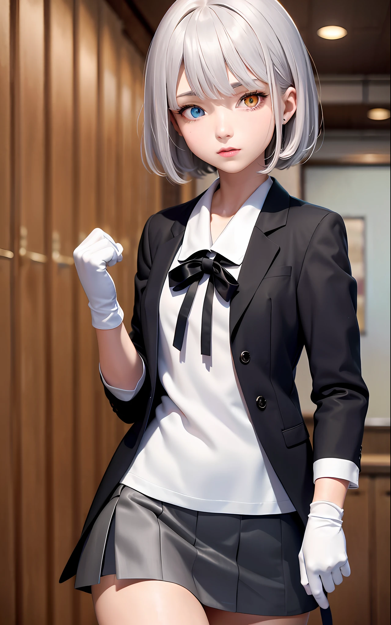 Superb Quality, Masterpiece, High Resolution, Best Quality, UHD, Super Detail, Award-Limited, 16k, (upper body), A beautiful girl, Gray hair, hair, ((heterochromia)), Hanging eye corners, Fair skin, (Small breasts), (Slim body), (Japanese student uniform containing full-chested suit jacket and short skirt)), (Neck ring), (Short gloves as short as half a palm)