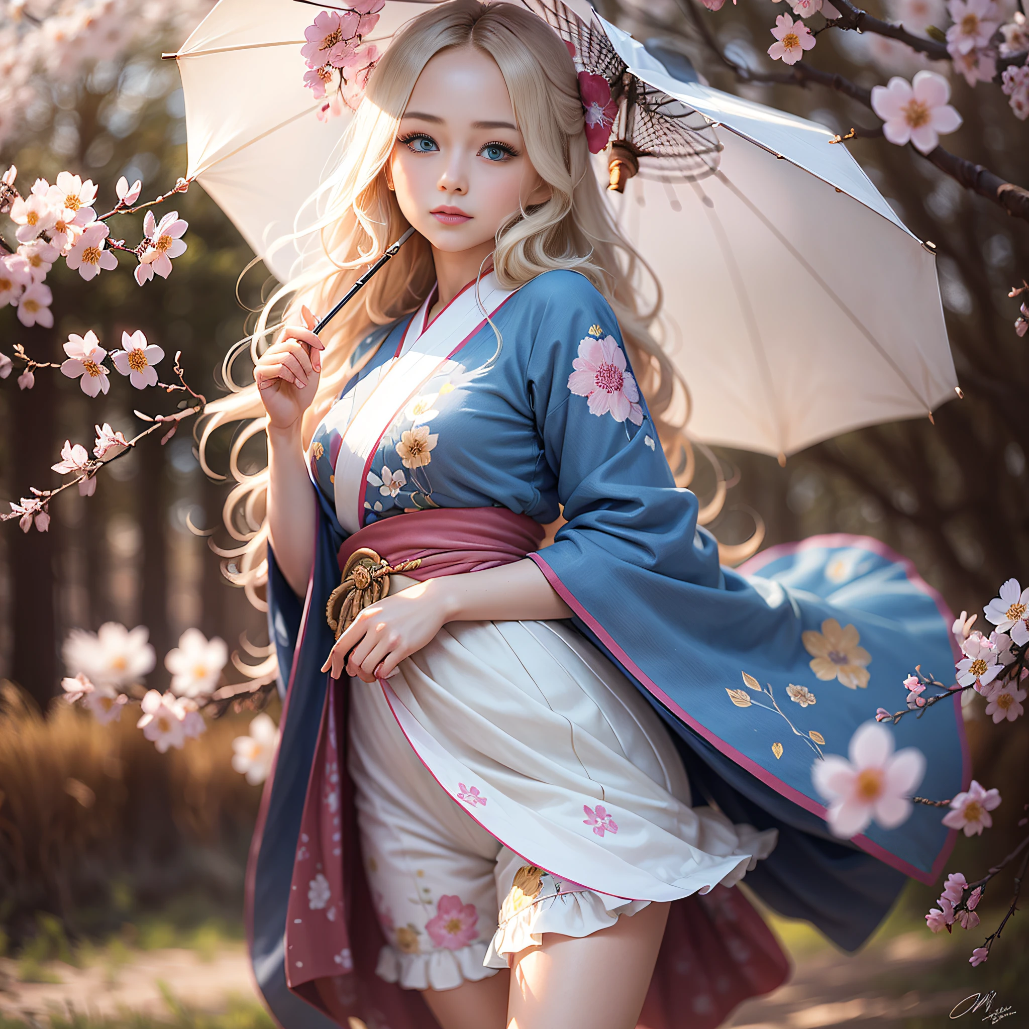 полное тело,full shot,sfw,a beautiful Russian girl with large bright blue eyes of the Nordic type with a perfect graceful figure and very long and fluffy wavy hair of wheat color stands against the background of blooming Japanese pink cherry blossoms in a Japanese kimono and Japanese shoes, the girl's kimono is transparent, a small breast with protruding shines through it, the girl has a white umbrella from the sun in her hands, the scene is highly artistic, High Detail, Clear Focus, Migjorni V5 Style, Hyper Photorealism, Perfect Proportions, Golden Ratio, Leonardo Davinci Artist Style, Photographer Jerry Gionis Style, Back Light, Outline, Sun Rays, Front Light Fill Soft, Soft Focus, Photo Monocle Style.