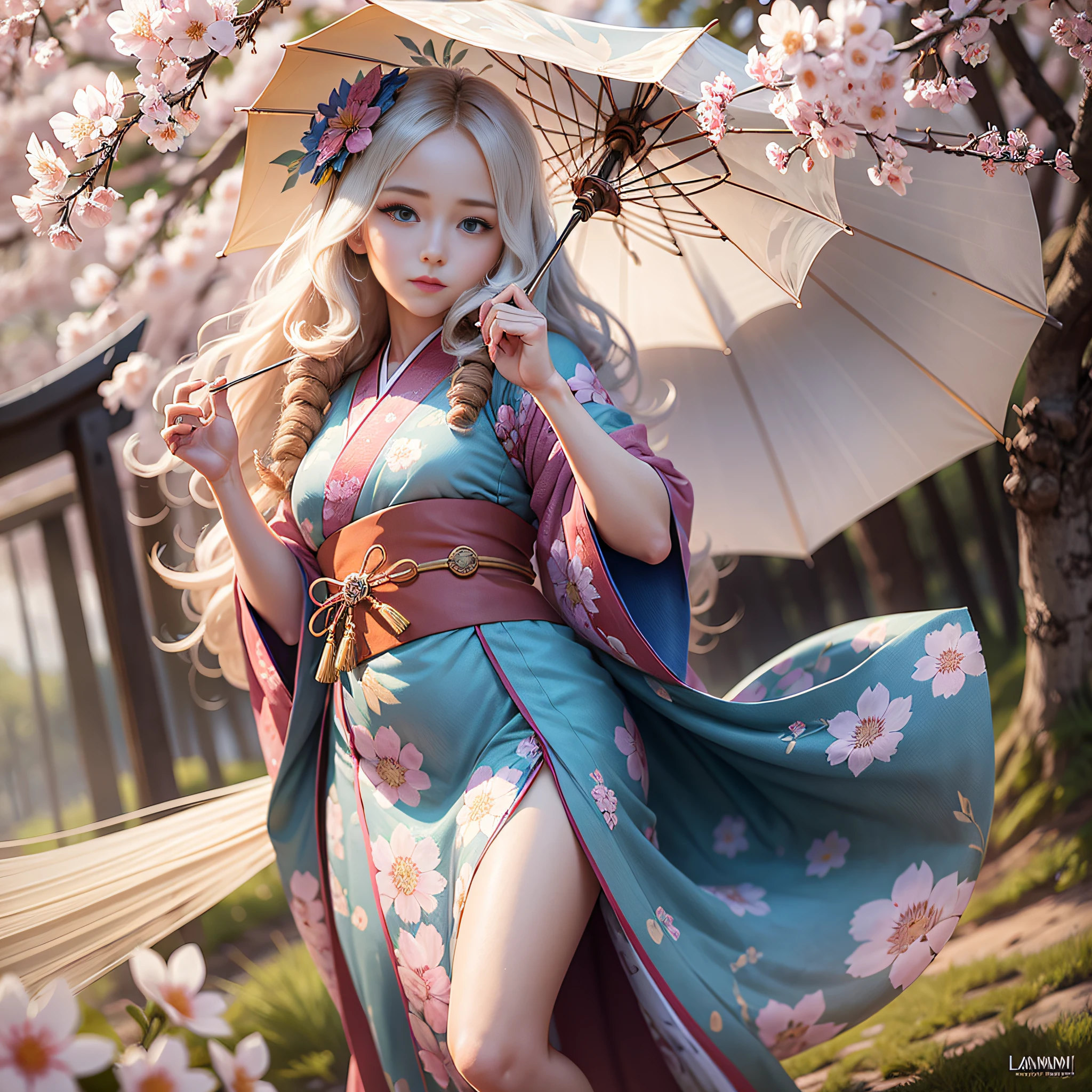 полное тело,full shot,sfw,a beautiful Russian girl with large bright blue eyes of the Nordic type with a perfect graceful figure and very long and fluffy wavy hair of wheat color stands against the background of blooming Japanese pink cherry blossoms in a Japanese kimono and Japanese shoes, the girl's kimono is transparent, a small breast with protruding shines through it, the girl has a white umbrella from the sun in her hands, the scene is highly artistic,  High Detail, Clear Focus, Migjorni V5 Style, Hyper Photorealism, Perfect Proportions, Golden Ratio, Leonardo Davinci Artist Style, Photographer Jerry Gionis Style, Back Light, Outline, Sun Rays, Front Light Fill Soft, Soft Focus, Photo Monocle Style.