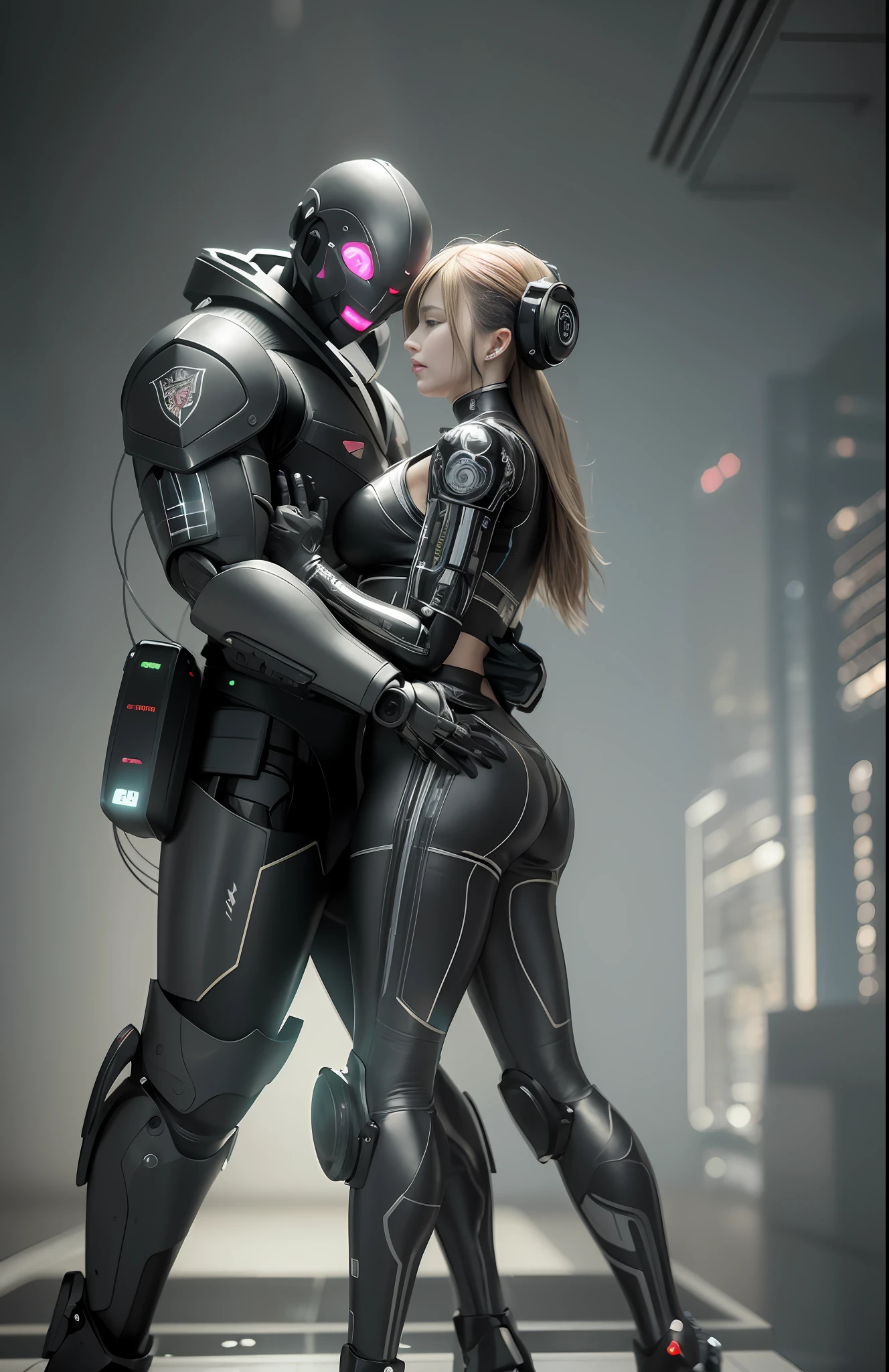 A 25 year old realistic real man in jacket clothes and a female robot passionately lingering hugging and kissing, complex 3d rendering very detailed beautiful ceramic silhouette female robot face, robot, robot parts, 150mm, beautiful studio soft light, edge light, vibrant details, luxurious cyberpunk, lace, surrealism, anatomy, facial muscles, cable wire, microchip, elegant, beautiful background, octane rendering, HR Giger style, 8k, best quality, masterpiece, illustration, very refined and beautiful, very detailed, CG, unified, wallpaper, (realism, realism: 1.37), amazing, fine detail, masterpiece, best quality, full body,