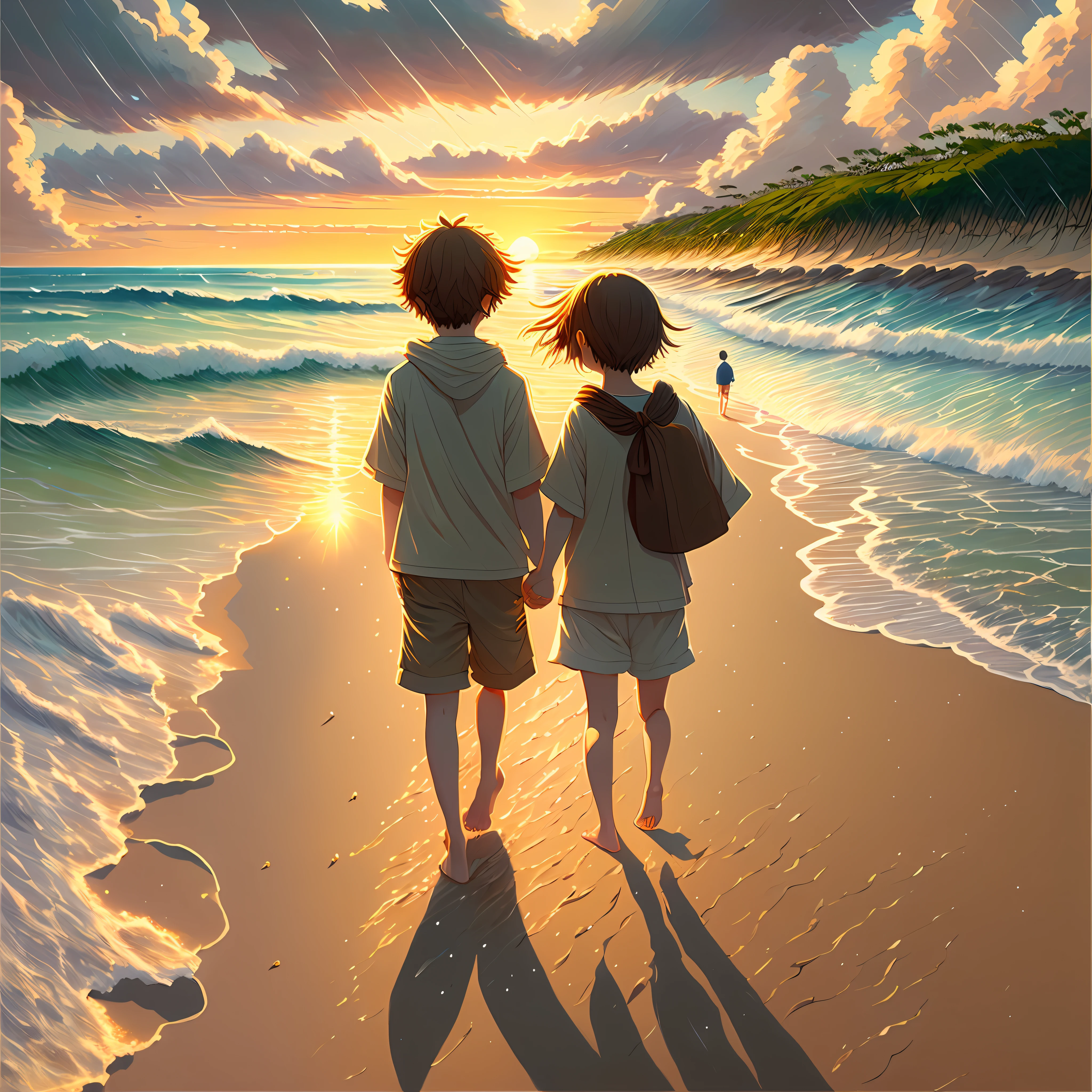 Ultra realistic, highly detailed, masterpiece, award winning picture,1 boy ,1 girl', walking together,beach,sun set time, girl' was shy, and both have shiny eyes, barefoot, weather rainy and windy, Kimi no na wa,anime character, beautiful nature --auto --s2