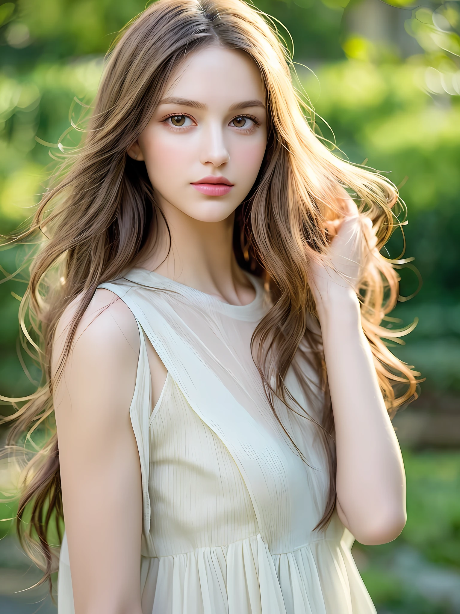 depth of field, lifelike, realistic, super detailed, beautiful, slender, cute, 30s, beautiful features, actress, mature, upper body, bright brown hair, thin hair, small face, live-action, highest quality, very elaborate CG Unity 8K wallpaper, ultra high resolution, natural fashion, lighting, medium hair, (puffy eyes), model figure, light on hair, turn around pose, Ash brown hair, model pose, studio shoot, white background, delicate skin type, light wavy hair close to straight hair, hands around the mouth, adult clothes, hair model shoot, hair fluttering in the wind, transparent hair, fine hair fineness, soft hair, fine skin, bright photo, less hair, angle of pull, professional lighting, realistic light, realistic shadow, natural light, soft light, beige hair, Hair length is short hair, hair is honey blond color, eye color is emerald green, skin color is natural beige tone skin tone, natural and light styling and makeup, hair should be wavy to express light movement, makeup should emphasize bright lips and eye-catching mascara, wear a simple and sophisticated style dressBright images that look like they were taken under natural sunlight