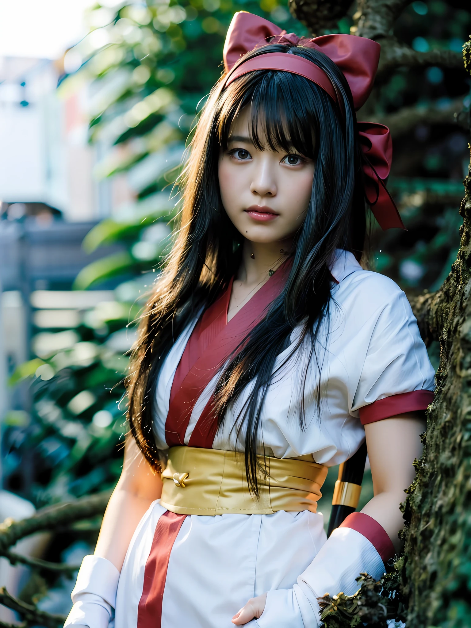 masterpiece, Best quality,1girl, red bow, bow, long hair, hair bow, Ainu clothing, solo, hair band, bird, black hair, fingerless gloves, short sleeves, gloves, sash, pants, bangs, red hair band, weapon, chest, brown eyes, white pants, kimono, nakoruru, light smile, official art, good composition, official pose, detailed portrait, portrait, bokeh, clouds and mountain background, samurai, onmyoji style, high resolution, Dramatic lighting and shadows, sun flares, blurred foreground