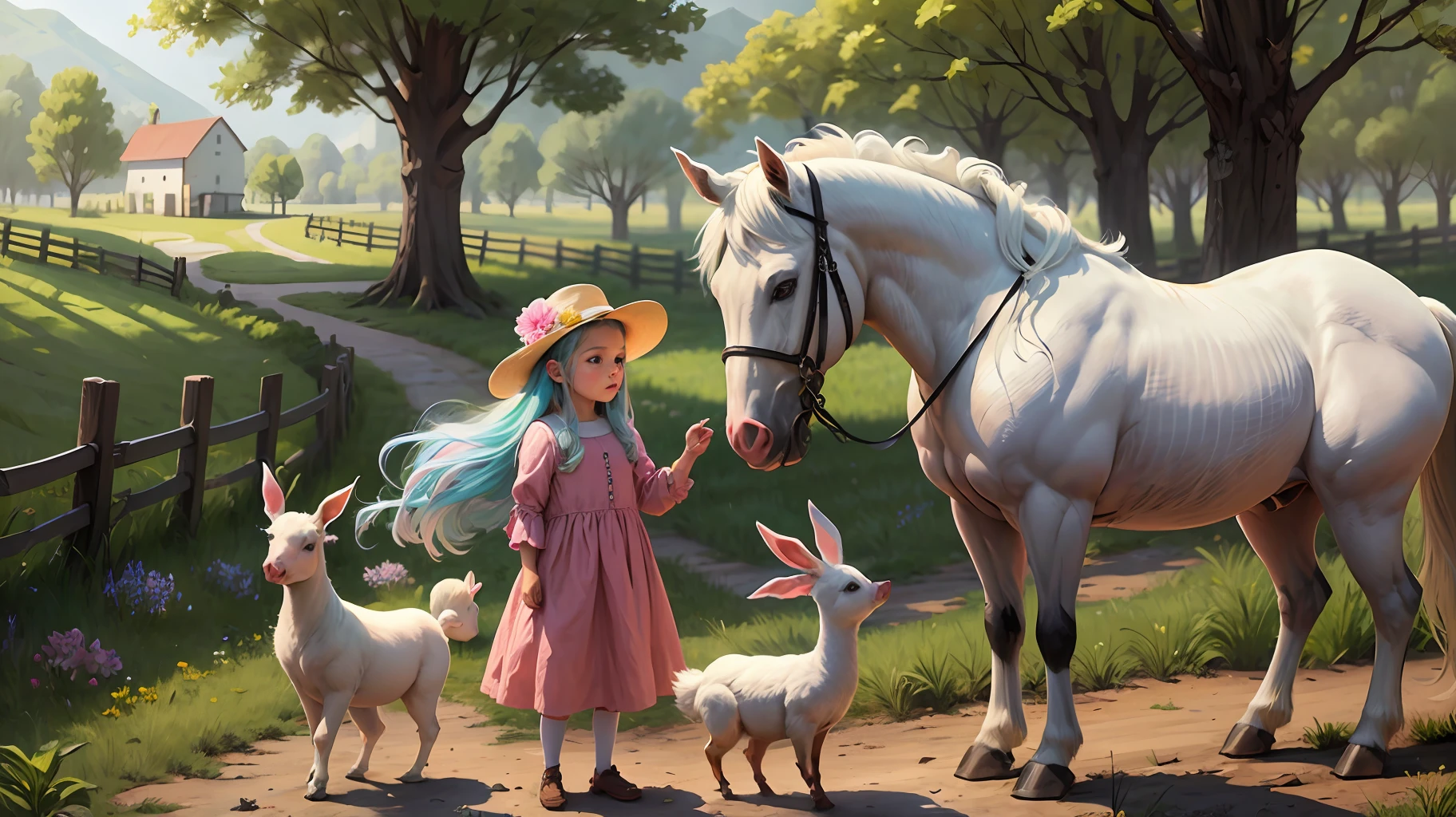 Friendship Blooms White horse, 10 year old girl, Dona Maria, Farm animals, Piggy, Duck, Rabbit, drawing, colorful, child, farm, e-book