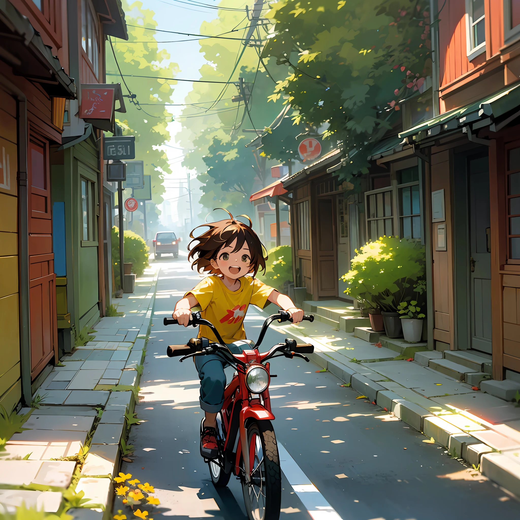 A bicycle with three tires of bright red color, with a cheerful child sitting on the seat, pedaling with enthusiasm. The child is about eight years old, with messy brown hair and wears a yellow T-shirt and jean shorts. The street is narrow and quiet, with colorful houses on the right and a small square on the left. There are leafy trees along the street, with green leaves and colorful flowers. The morning sun illuminates the scene with a soft glow, creating a cheerful and carefree atmosphere. --auto --s2
