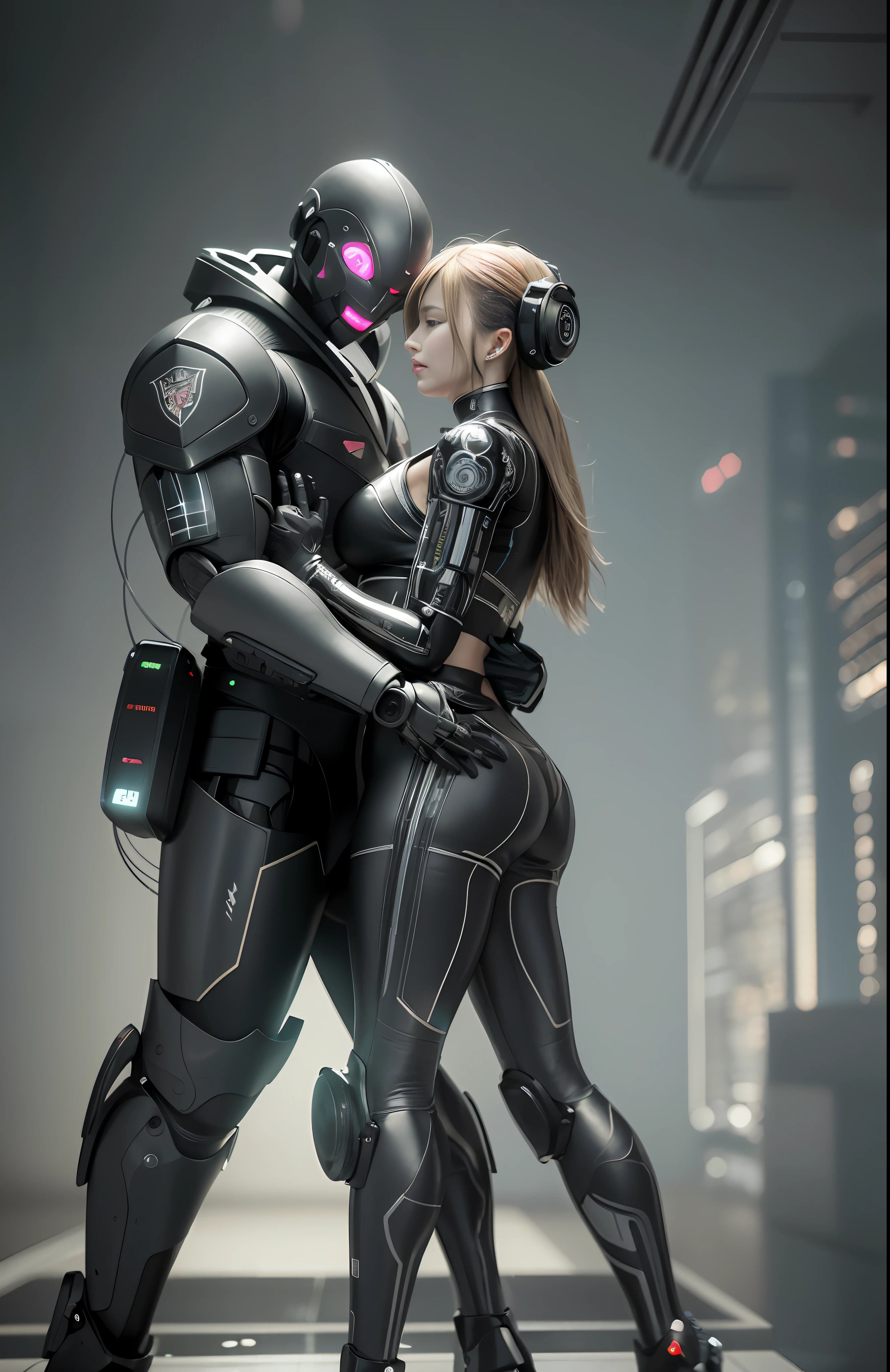 A 25 year old realistic real man in jacket clothes and a female robot passionately lingering hugging and kissing, complex 3d rendering very detailed beautiful ceramic silhouette female robot face, robot, robot parts, 150mm, beautiful studio soft light, edge light, vibrant details, luxurious cyberpunk, lace, surrealism, anatomy, facial muscles, cable wire, microchip, elegant, beautiful background, octane rendering, HR Giger style, 8k, best quality, masterpiece, illustration, very refined and beautiful, very detailed, CG, unified, wallpaper, (realism, realism: 1.37), amazing, fine detail, masterpiece, best quality, full body,