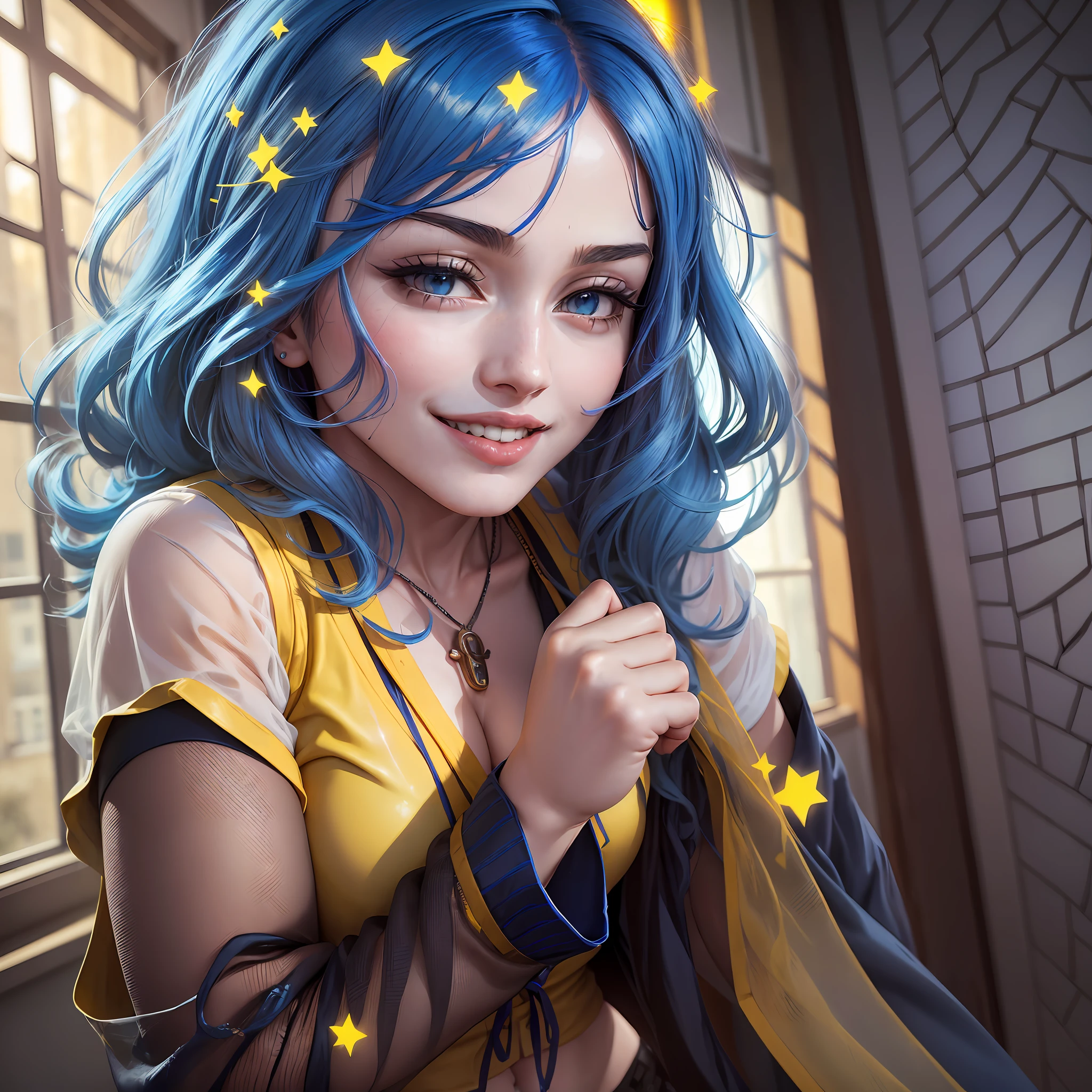 AGMM, 1girl, (Madonna, blue hair, Yellow_Skin, Colored_Skin:1.2), wearing wet see-through school uniform, large breasts, reveal, covered, skirt, thighhighs. inside building, classroom, sunbeams, bokeh, sparkles, evening, smile, sexy smile, --auto --s2