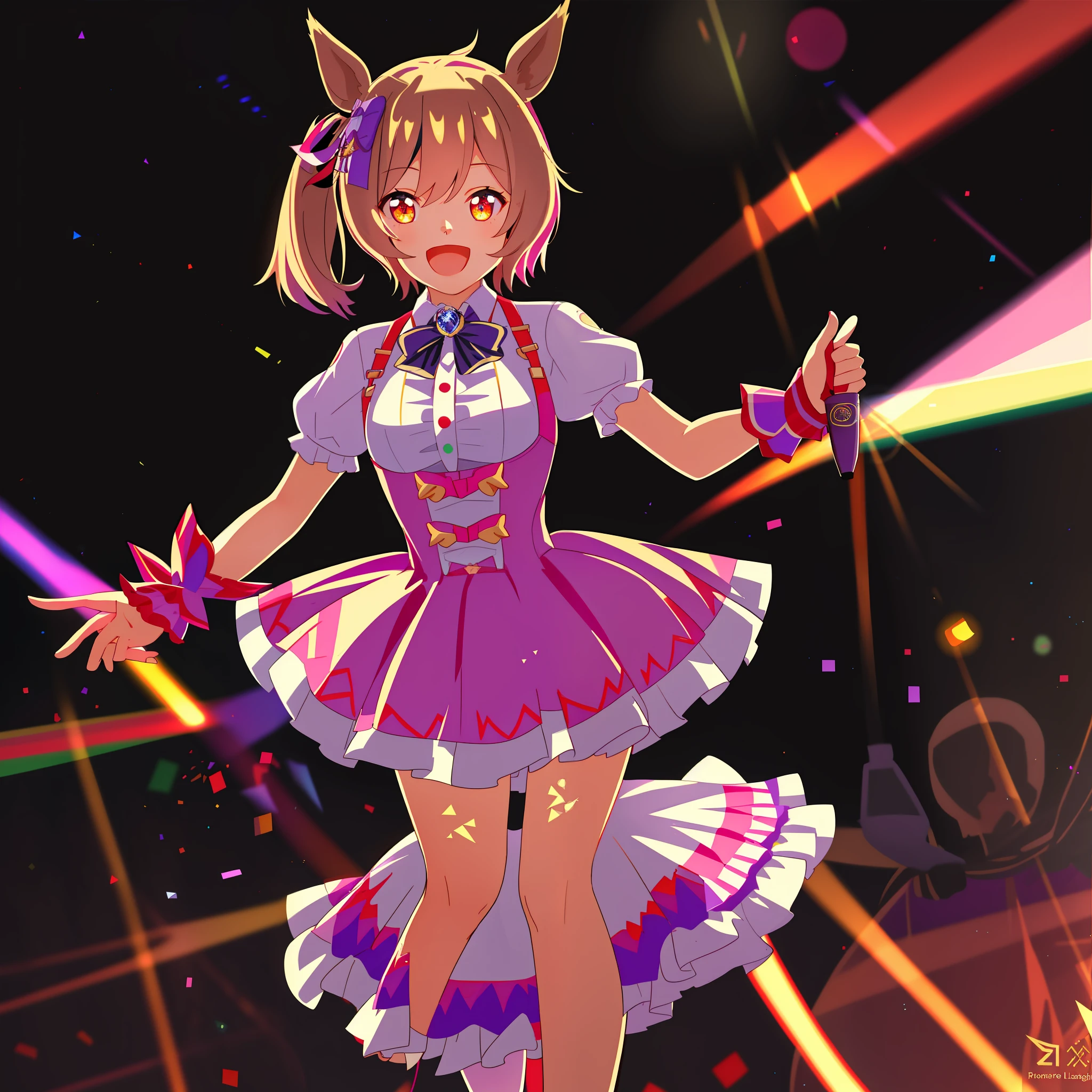 sfal, 1girl, masterpiece,consert hall,(colorful lighting:1,1),frontlighting,((lens flare)),medium hair,suspender skirt,puffy short sleeves,bowtie,wrist cuffs,upper body,smile,open mouth,woman