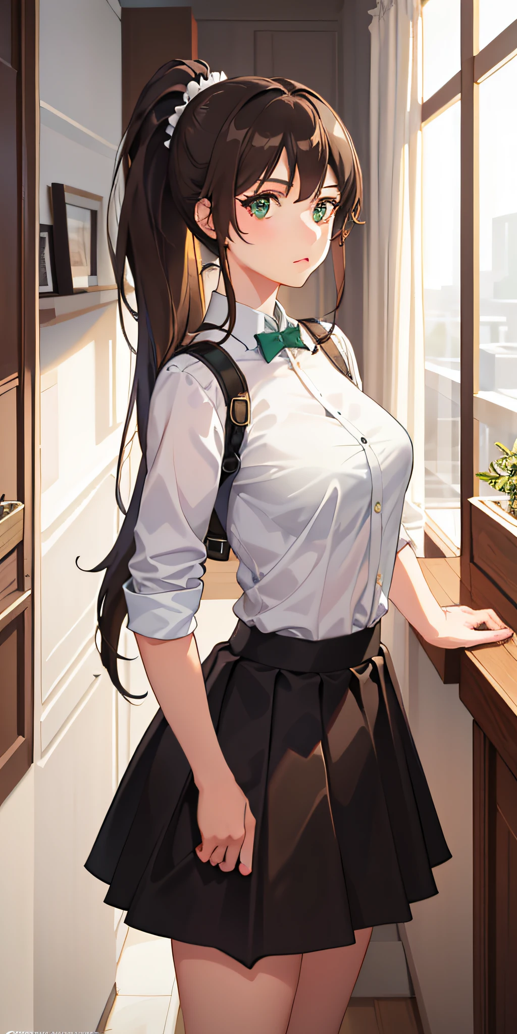 (masterpiece:1.2, best quality), (finely detailed beautiful eyes: 1.2), a girl with a brown ponytail, green eyes, big breasts, only 1 girl, age 20, skirt