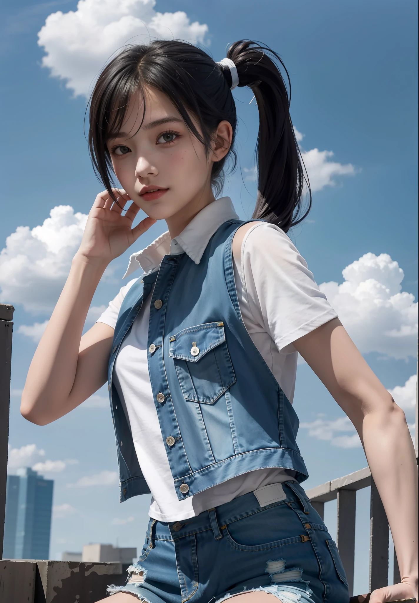 Best Quality, Masterpiece, Ultra High Resolution, (Realisticity: 1.4), Original Photo,  Girl, Tifa, Film Lighting, Outdoor, Roof, Sunny, Blue Sky and White Clouds, Conservatively Dressed, Denim Shorts, Loose White Shirt with Pattern, Lower Abdomen, Vest Line, Fashion Girl, Pick and Dye Gradient Hair, Bangs, High Ponytail, Large Bust, Facial Focus,