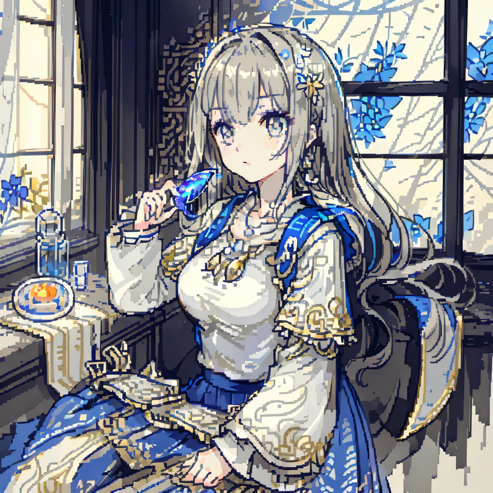 (Masterpiece), (Best Quality), (1 Girl)), Amazing, Beautiful Detail Eyes, Fine Detail, Depth of Field, Original, ((Best Quality)), ((Super Detailed)), (Best Illustration), (Best Lighting, Best Shadow), (Very Delicate Beautiful)), Very Detailed Wallpaper, Dream Background, From Side, Landscape, Young Girl, Half Body, white long hair, (((Gray Eyes)), Eyes in Beautiful Details, medium Breasts, ((Cobalt Long Skirt with Decorative Pattern)), Fluffy Long Sleeves, Necklace, Summer, Light, light makeup, outdoor, glass window edge, platinum, look away