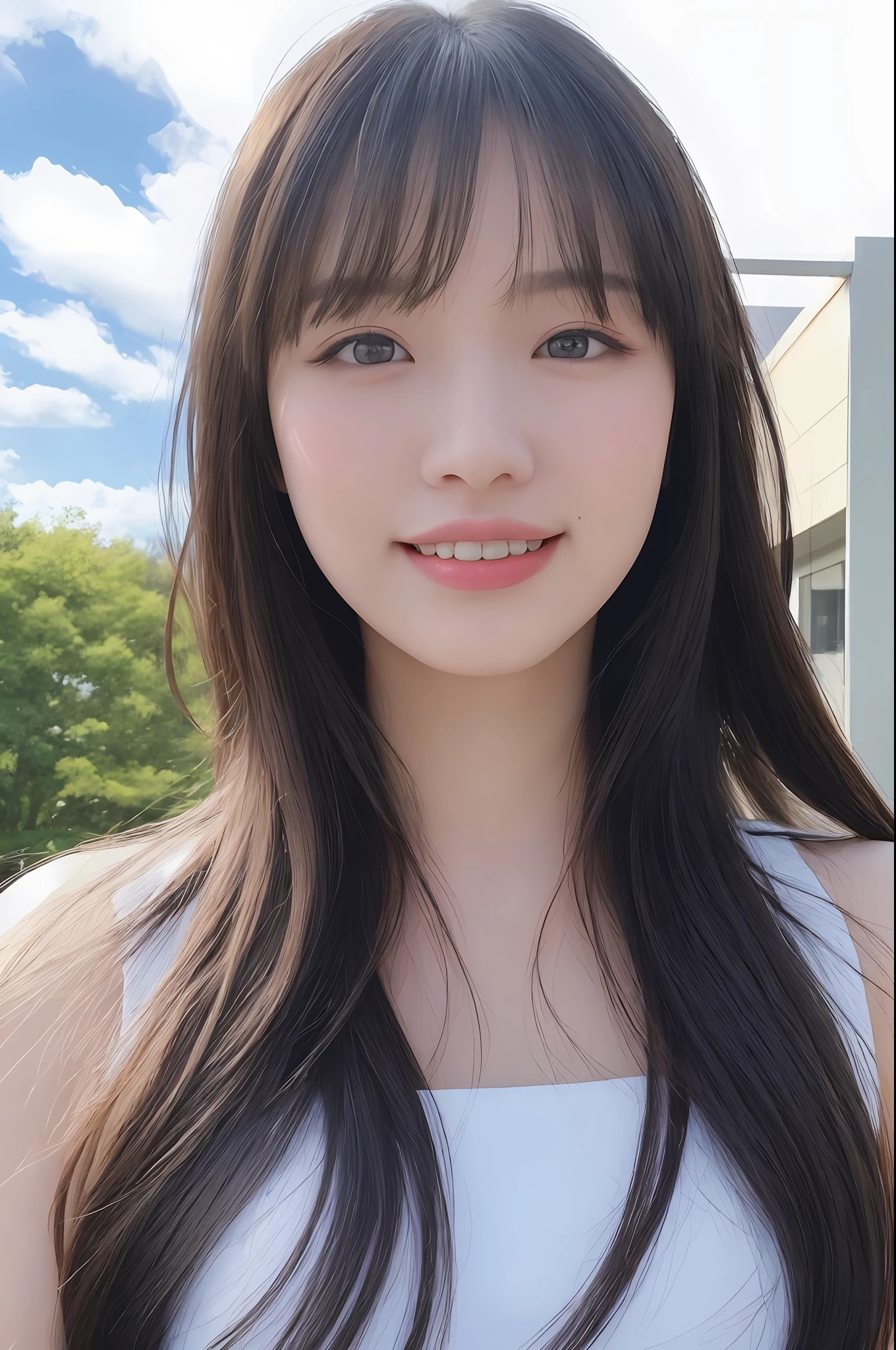 Super smile, (detailed and realistic portrait of a girl with a pretty face), staring at the camera (taken outside with round eyes and long flapping hair), magic photo, dramatic lighting, photo realism, super detail,
 Intimate portrait composition, (center image composition), (close-up shot: 1.6), highest quality, f / 1. 8, 85mm,
(28-year-old Asian woman), black_hair,(black_eyes:1.2),(bangs),makeup,white_dress,
(Blurry blue_sky_background)