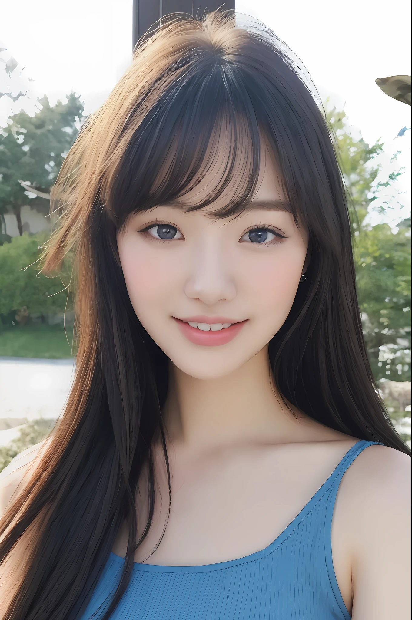 Super smile, (detailed and realistic portrait of a girl with a pretty face), staring at the camera (taken outside with round eyes and long flapping hair), magic photo, dramatic lighting, photo realism, super detail,
Intimate portrait composition, (center image composition), (close-up shot: 1.6), highest quality, f / 1. 8, 85mm,
(28-year-old Asian woman), black_hair,(black_eyes:1.2),(bangs),makeup,white_dress,
(Blurry blue_sky_background)