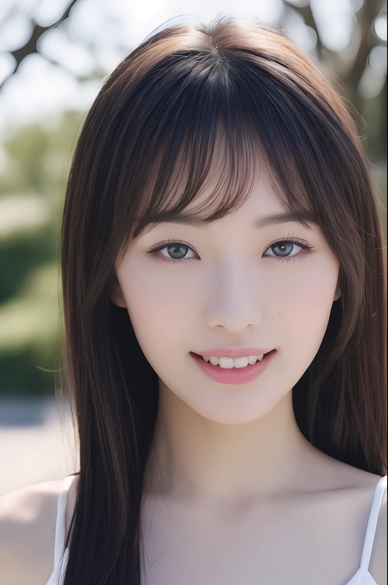 Super smile, (detailed and realistic portrait of a girl with a pretty face), staring at the camera (taken outside with round eyes and long flapping hair), magic photo, dramatic lighting, photo realism, super detail,
Intimate portrait composition, (center image composition), (close-up shot: 1.6), highest quality, f / 1. 8, 85mm,
(28-year-old Asian woman), black_hair,(black_eyes:1.2),(bangs),makeup,white_dress,
(Blurry blue_sky_background)