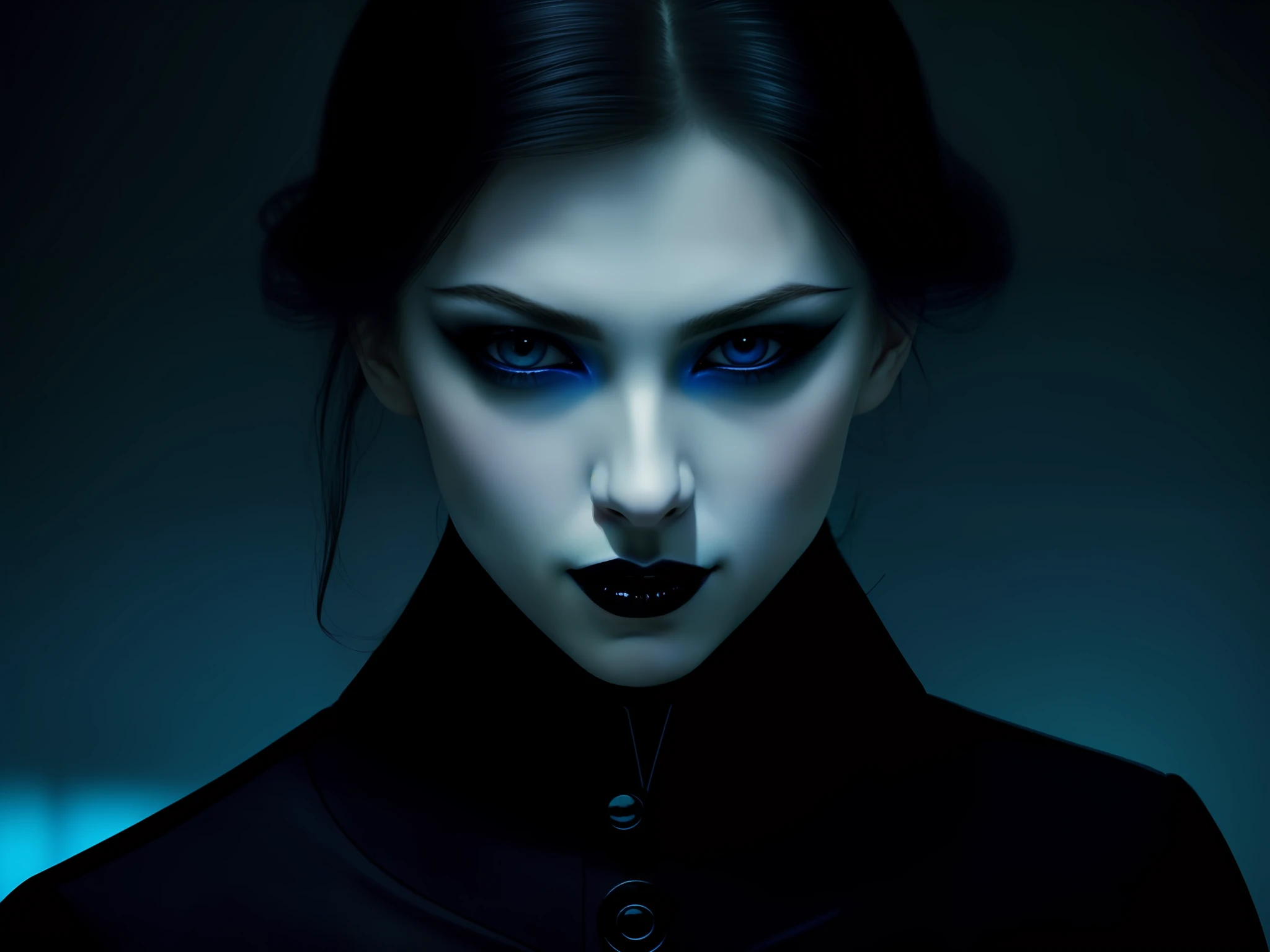 "((masterpiece)), ultra-realistic, portrait of a beautiful pale-skinned vampire with (black enamel), a deep dark makeup, bright blue eyes, in a dark and gloomy environment." (Prompt为葡萄牙语)