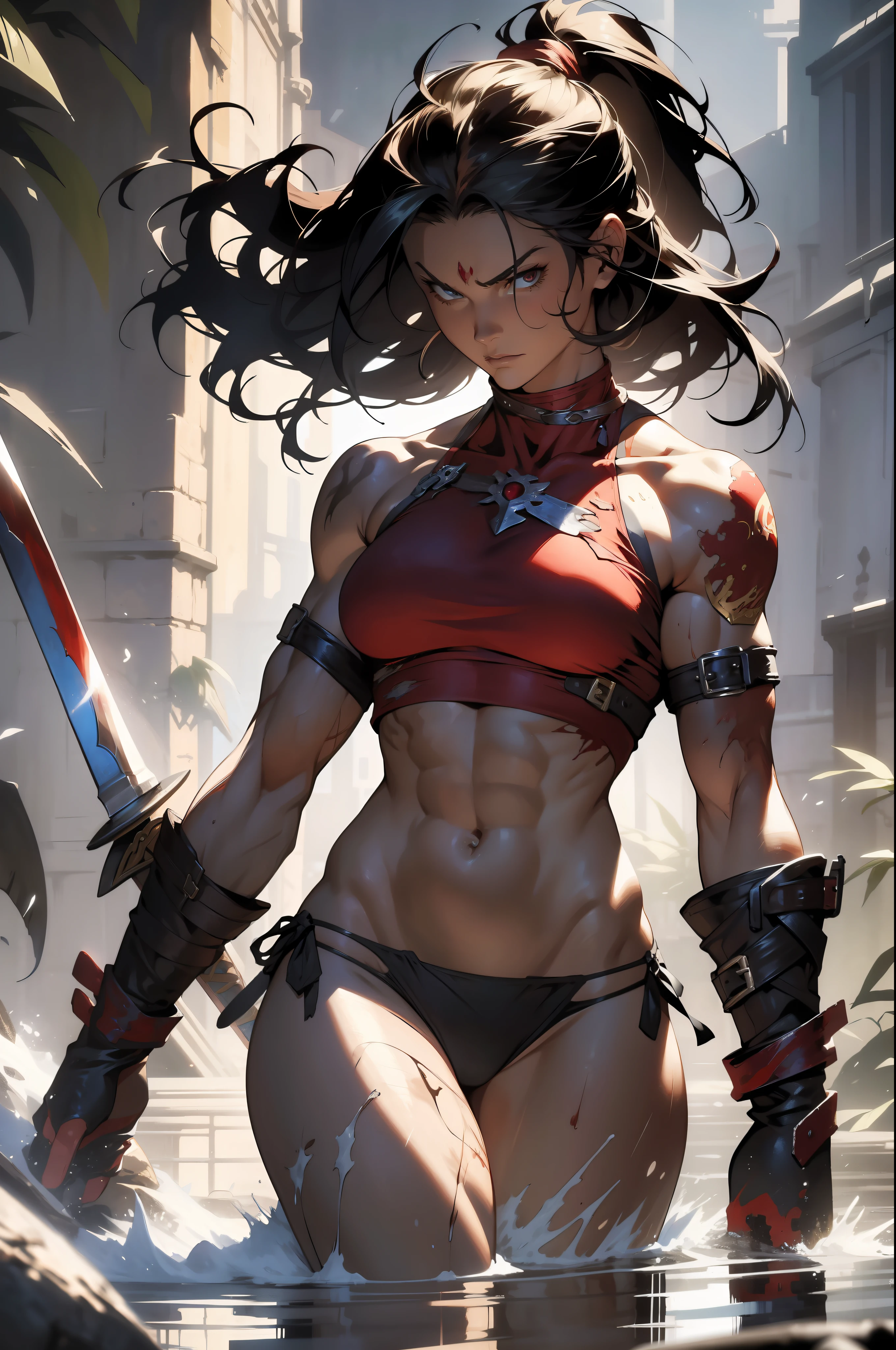 ((Simon Bisley)), Beautiful full-body woman, 30 years old, muscular and perfect body, barbarian warrior with little clothes, tiny thong, large breasts, generous neckline, holding a bloodstained sword, brave face, dark kingdom, sexy pose, walking in a dirty water