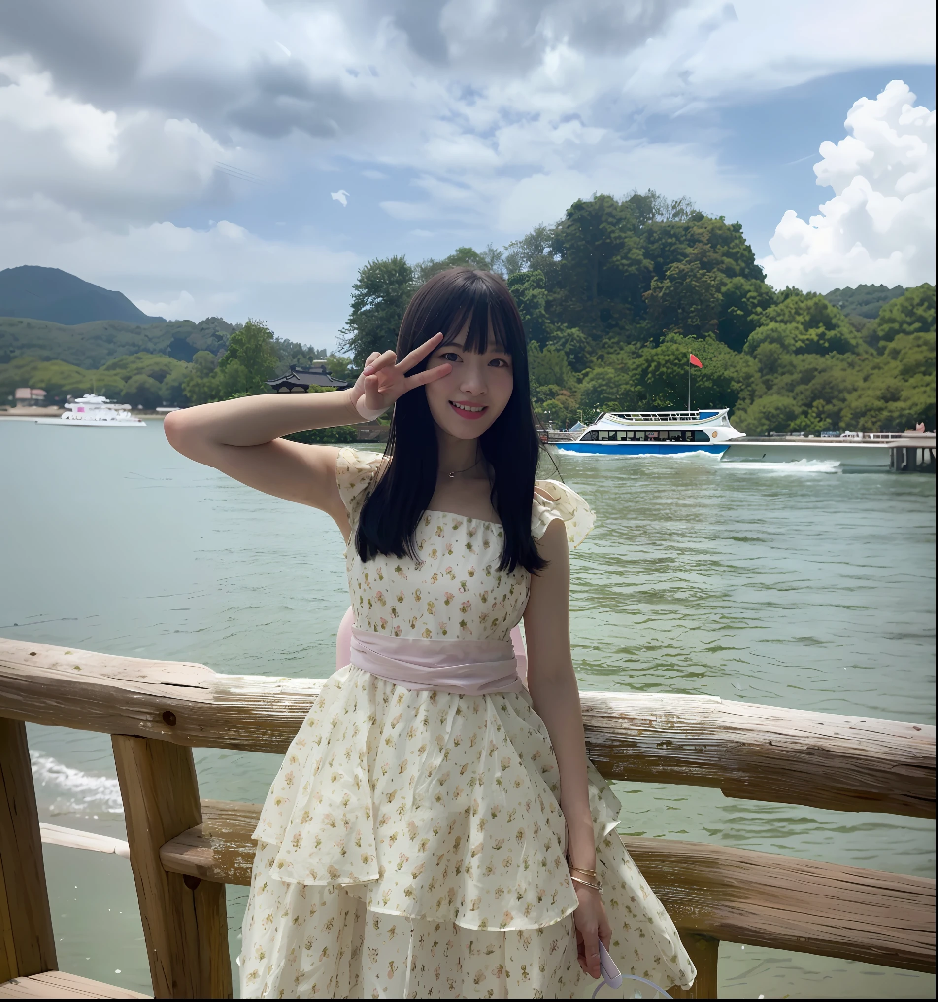 there is a woman standing on a pier with a hat on, sha xi, shikamimi, xintong chen, chiho, album art, official artwork, cutecore, 中 元 节, 8k)), zmonzheng, 奈良美智, official, , jia, belle delphine