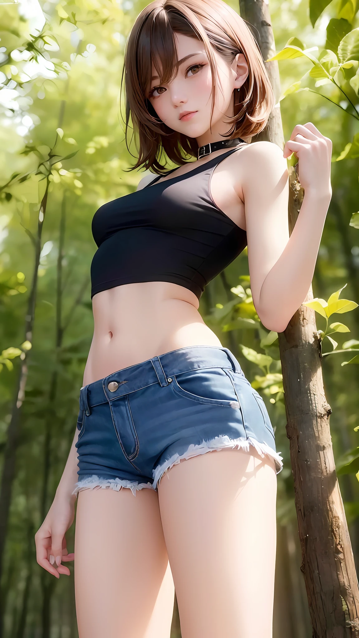 ((mid-breasted, tomboyish, small-headed)), daylight, sunlight, (chiseled abs: 1.1), (perfect body: 1.1), (short wavy hair: 1.2), reddish brown hair, collar, chain, full body shot, in the woods, black tank top, jeans jacket, (shorts)), (CG 8k wallpapers in great detail), (very delicate and beautiful), (masterpiece), (best quality: 1.0), (Ultra High Definition: 1.0), Beautiful Lighting, Perfect Lightning, Realistic Shadows, [High Definition], Detailed Skin, Ultra Detail