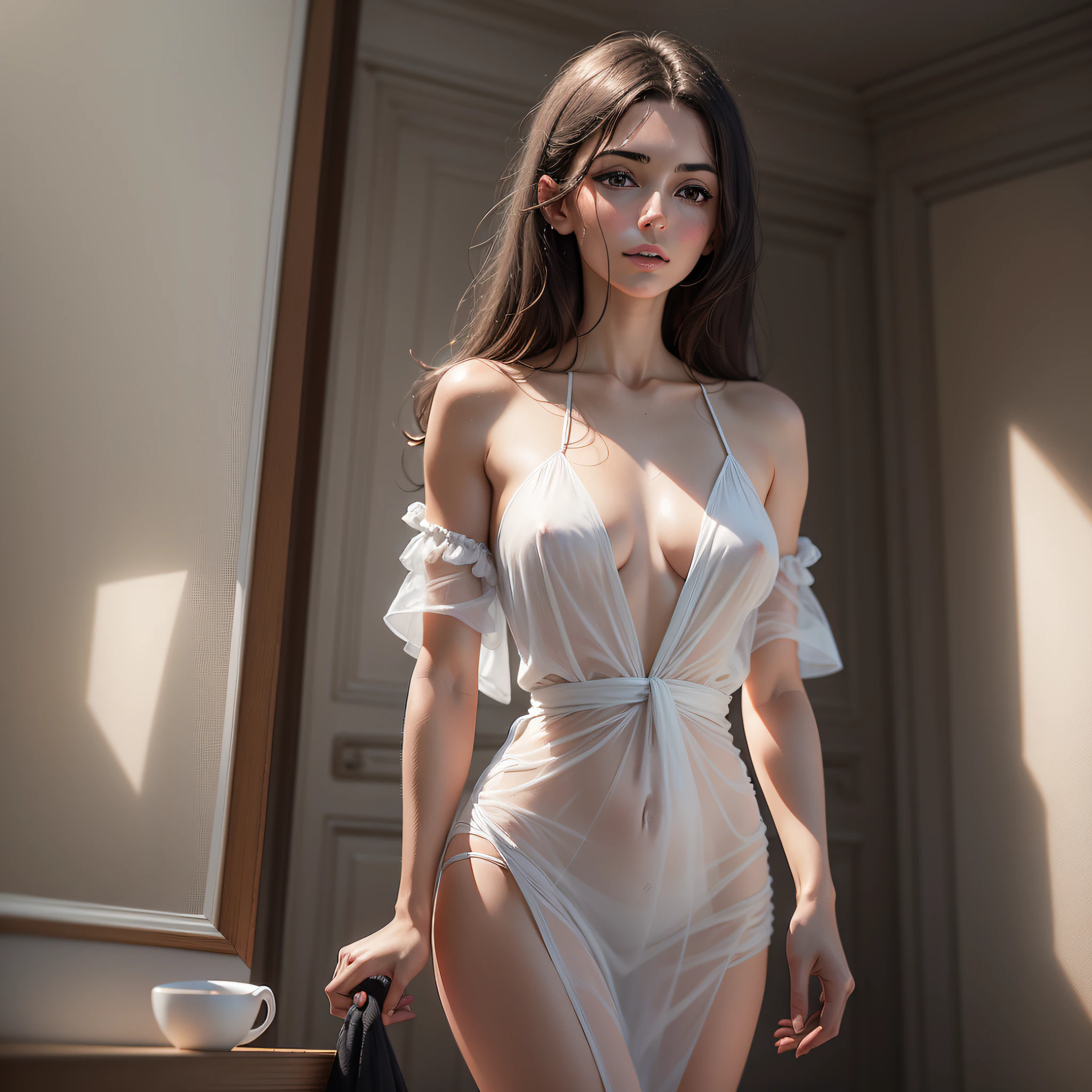 Amateur photo of a beautiful young French brunette woman of 30 years, standing, with a small pointed nose, a very small chest in drooping washcloth with very long, black eyes, under a thin transparent cotton dress, hyper realistic contemporary work of art with light rendering techniques and advanced perspectives, Rendered inspired by the greatest photographers for an 8K rendering