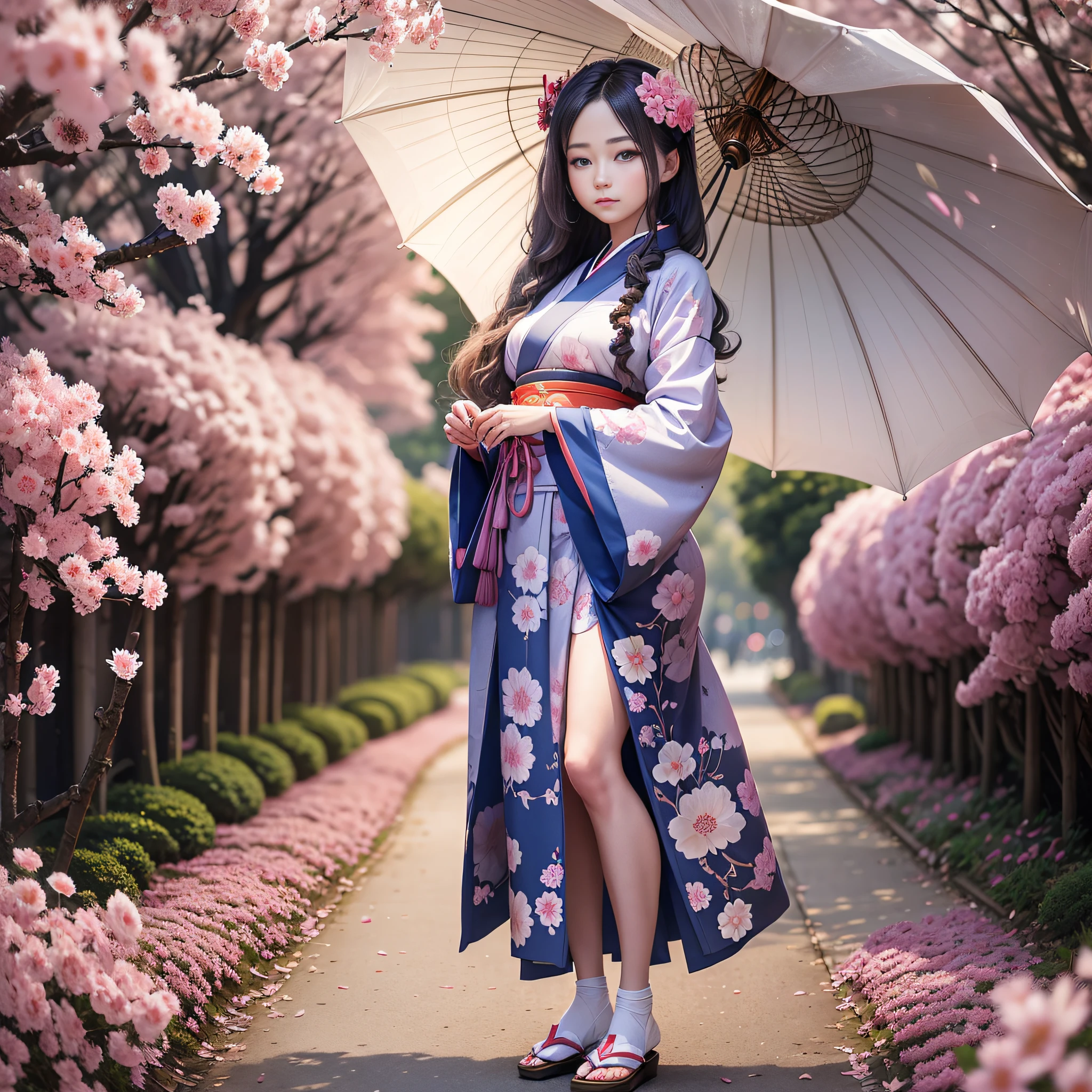 full body,full shot,sfw,beautiful russian girl in the image of a geisha with big bright blue eyes and long fluffy eyelashes Nordic type with a perfect graceful figure and very long and fluffy wavy hair of wheat colour stands in full growth on the avenue on the background of flowering Japanese pink sakura in Japanese kimono and Japanese gete shoes, the girl kimono transparent, through it transpires small breasts with bulging, White parasol for girl in hand,ground on which girl standing heavily lined with sakura petals,very artistic, high detail, clear focus, Migjorni V5 style, hyperphotorealistic, perfect proportions, golden ratio, Leonardo Davinci style, Jerry Gionis style, backlight, outline, sunlight, soft foreglow, soft focus, Photo Monocle style.  - --auto --s2