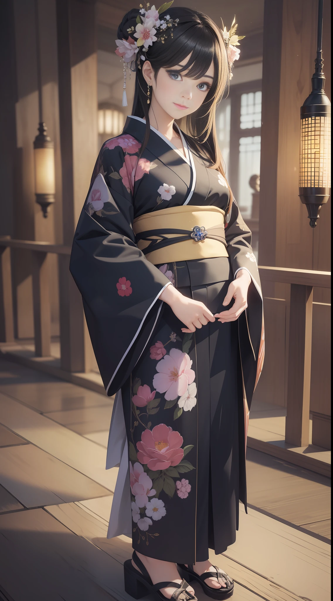 (masterpiece, sidelighting, finely detailed beautiful eye: 1.2), masterpiece*portrait, realistic, 3d face, glowing eyes, shiny hair, 有光泽的皮肤, solo, looking at viewer, full body, kimono,